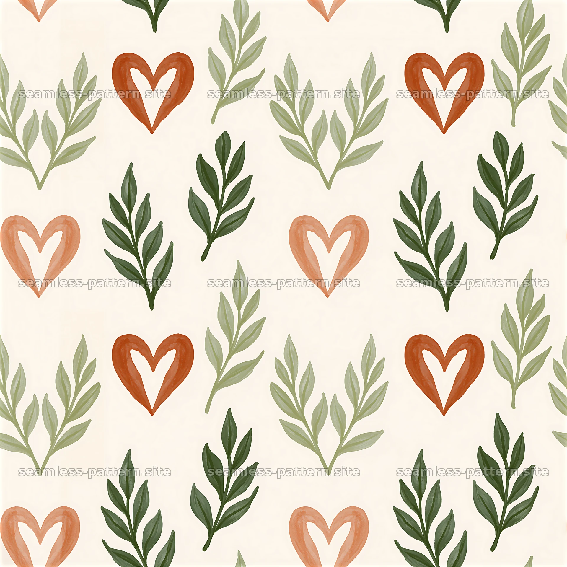 Seamless Leaf and Heart Pattern in Green and Terracotta — seamless tileable pattern at 8192x8192