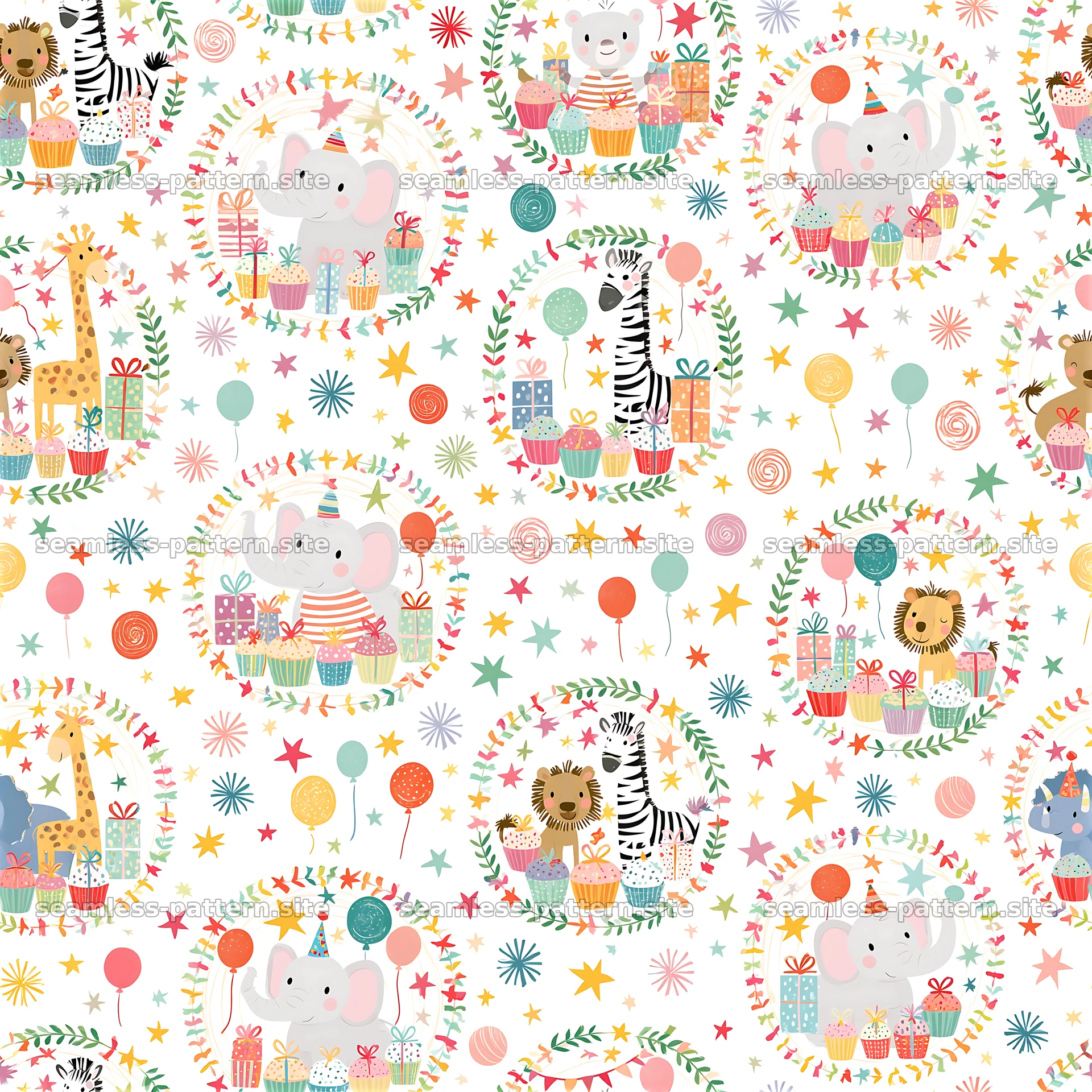 Colorful animals with gifts in circles seamless pattern — seamless tileable pattern at 8192x8192