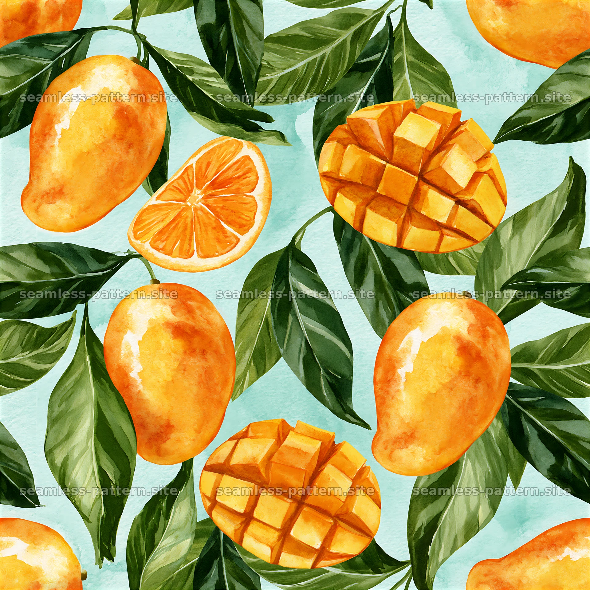 Seamless watercolor fruit pattern with mango, orange, and leaves — seamless tileable pattern at 8192x8192