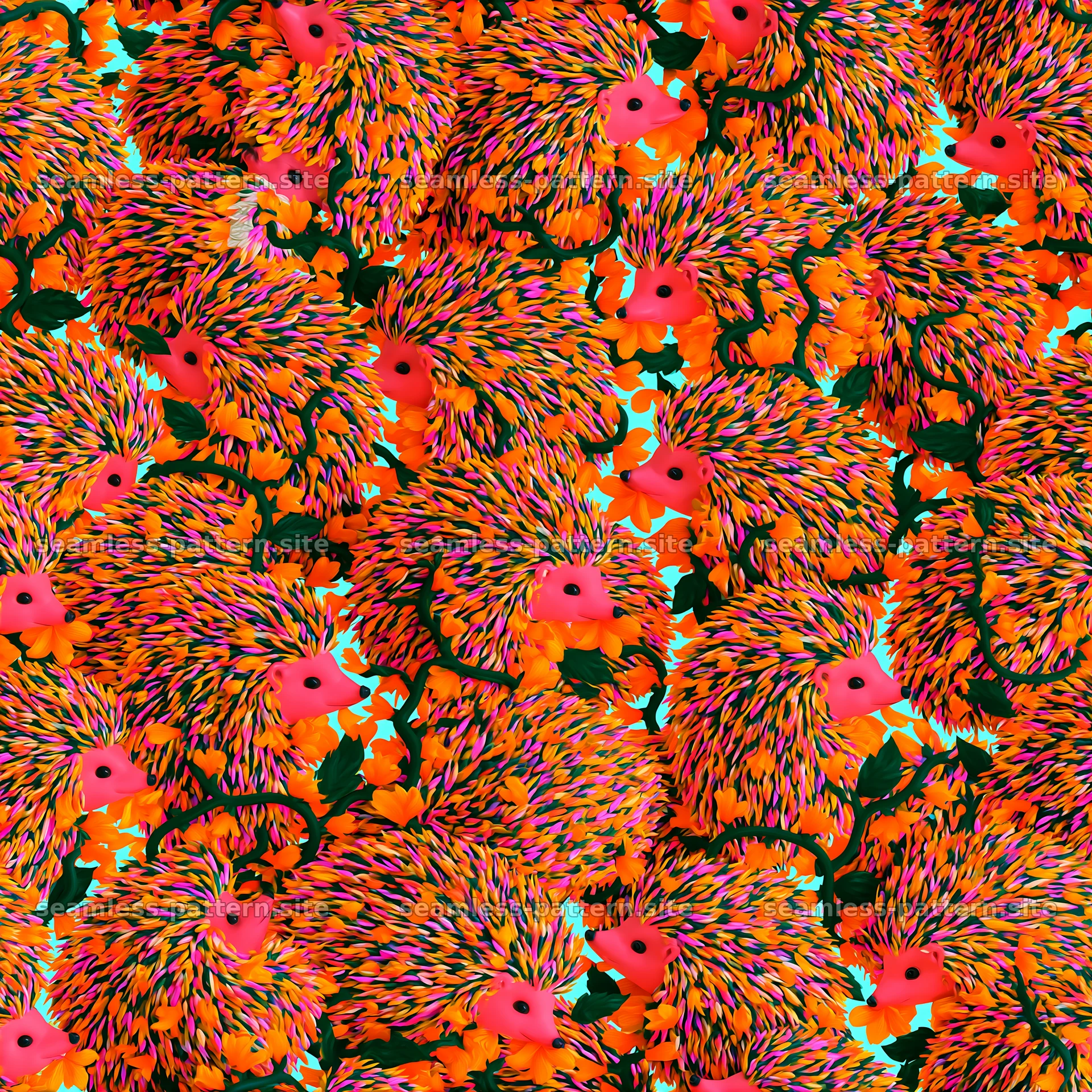 Colorful hedgehog and floral seamless pattern for fabric design — seamless tileable pattern at 8192x8192