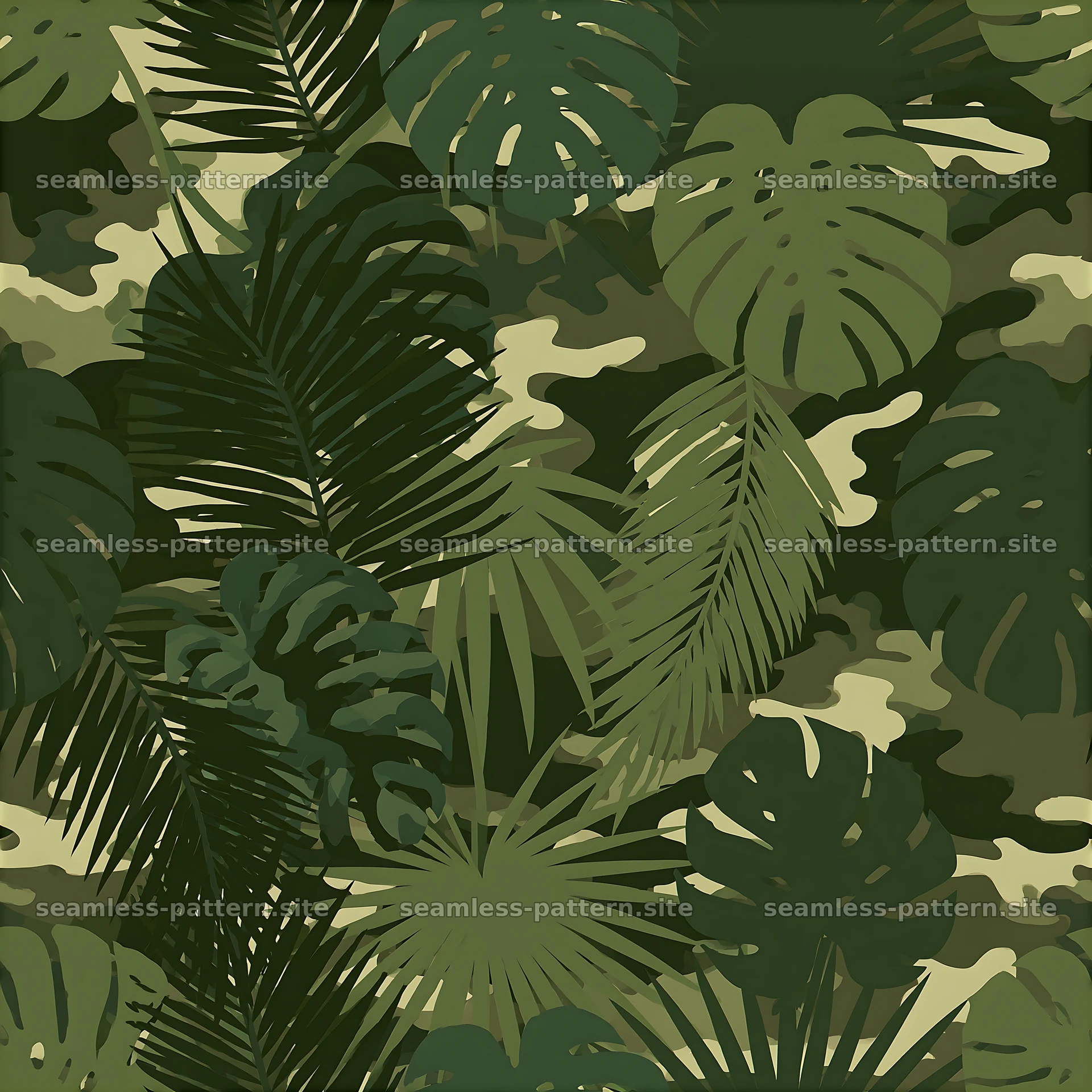 Green jungle camouflage repeating pattern with tropical leaves — seamless tileable pattern at 8192x8192