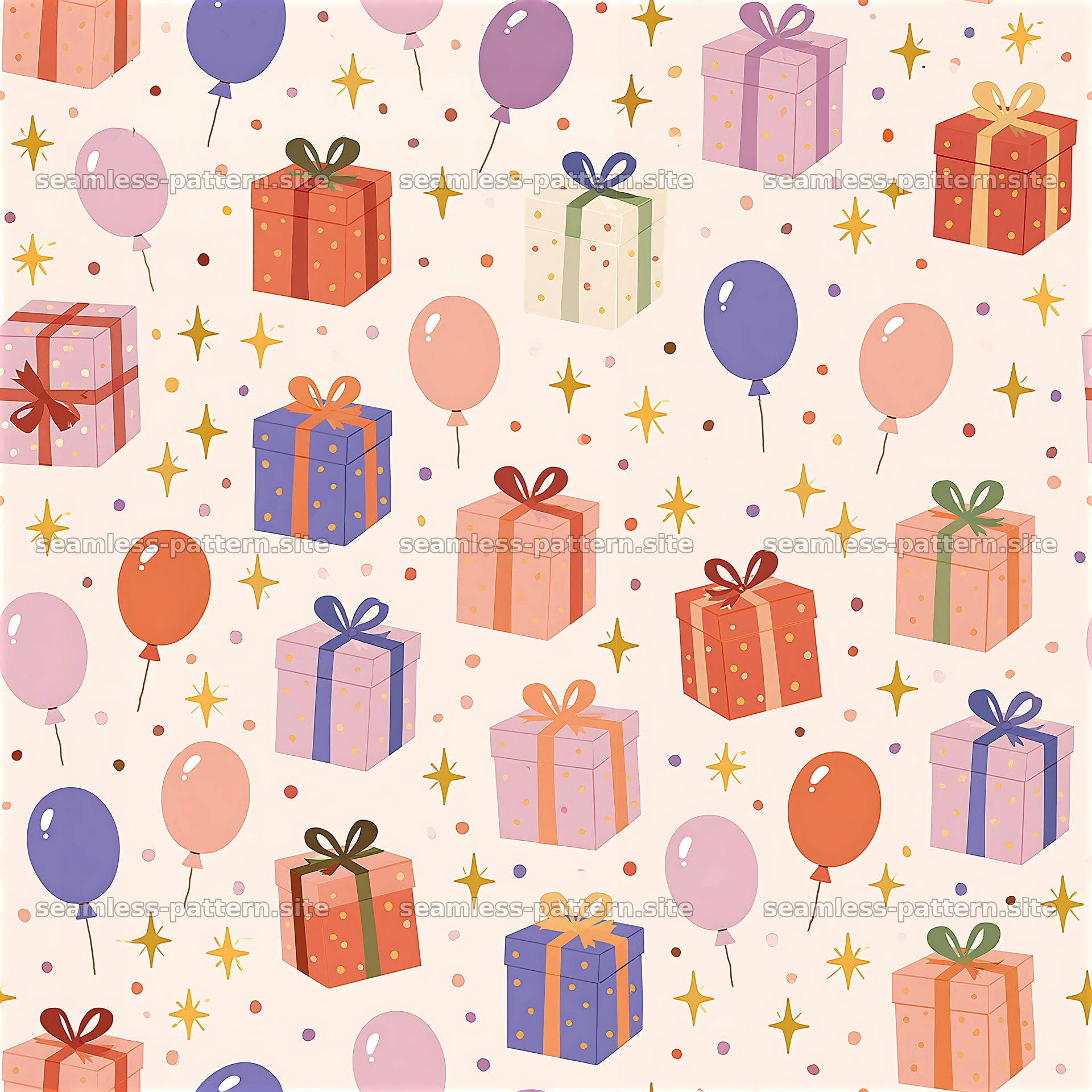 Colorful Birthday Gifts and Balloons Seamless Pattern — seamless tileable pattern at 8192x8192