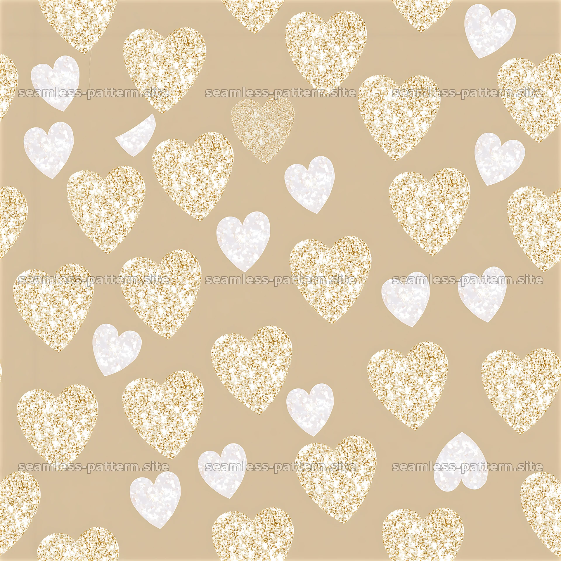 Gold and White Glitter Heart Seamless Pattern — seamless tileable pattern at 8192x8192