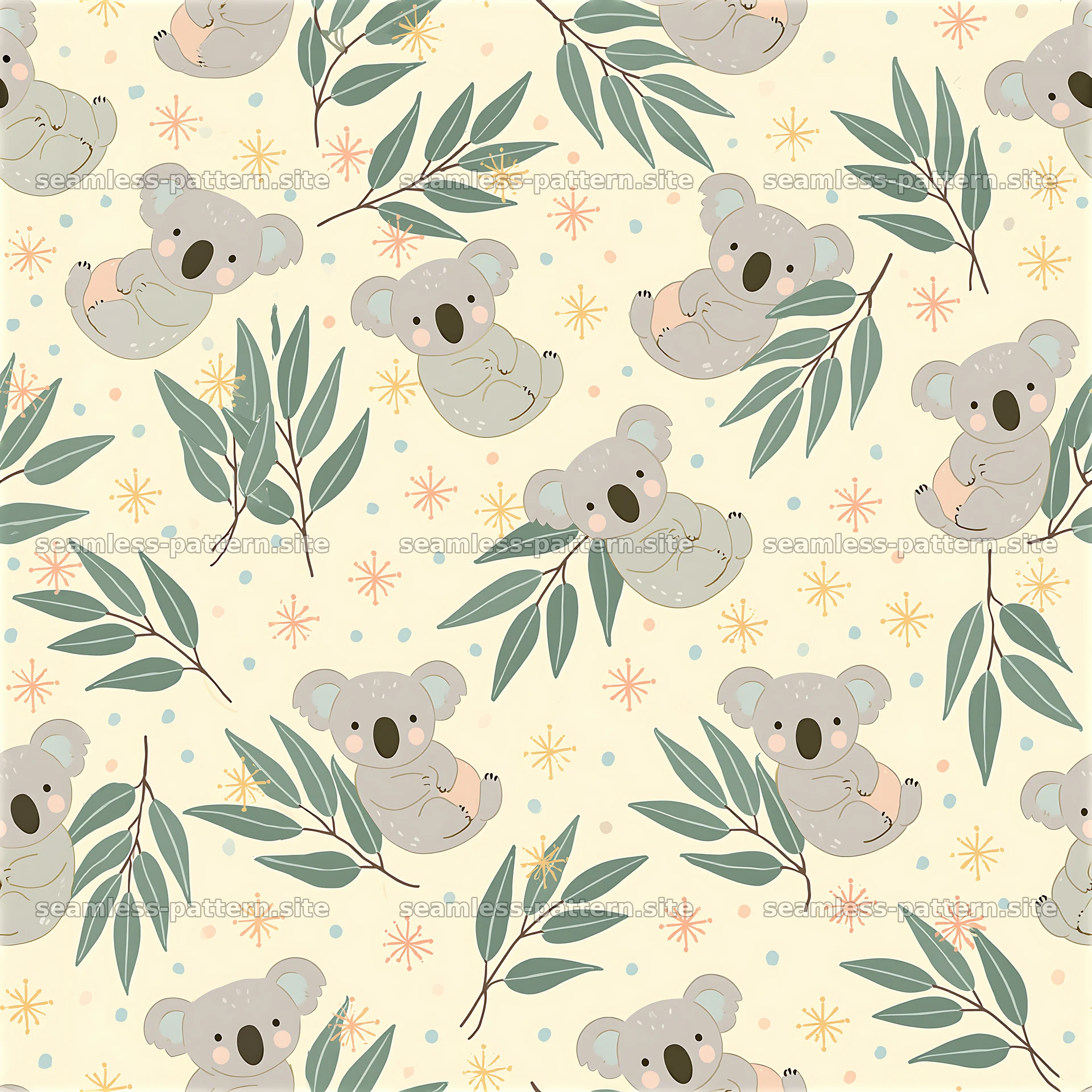 Cute koalas with leaves in a playful seamless pattern design — seamless tileable pattern at 8192x8192