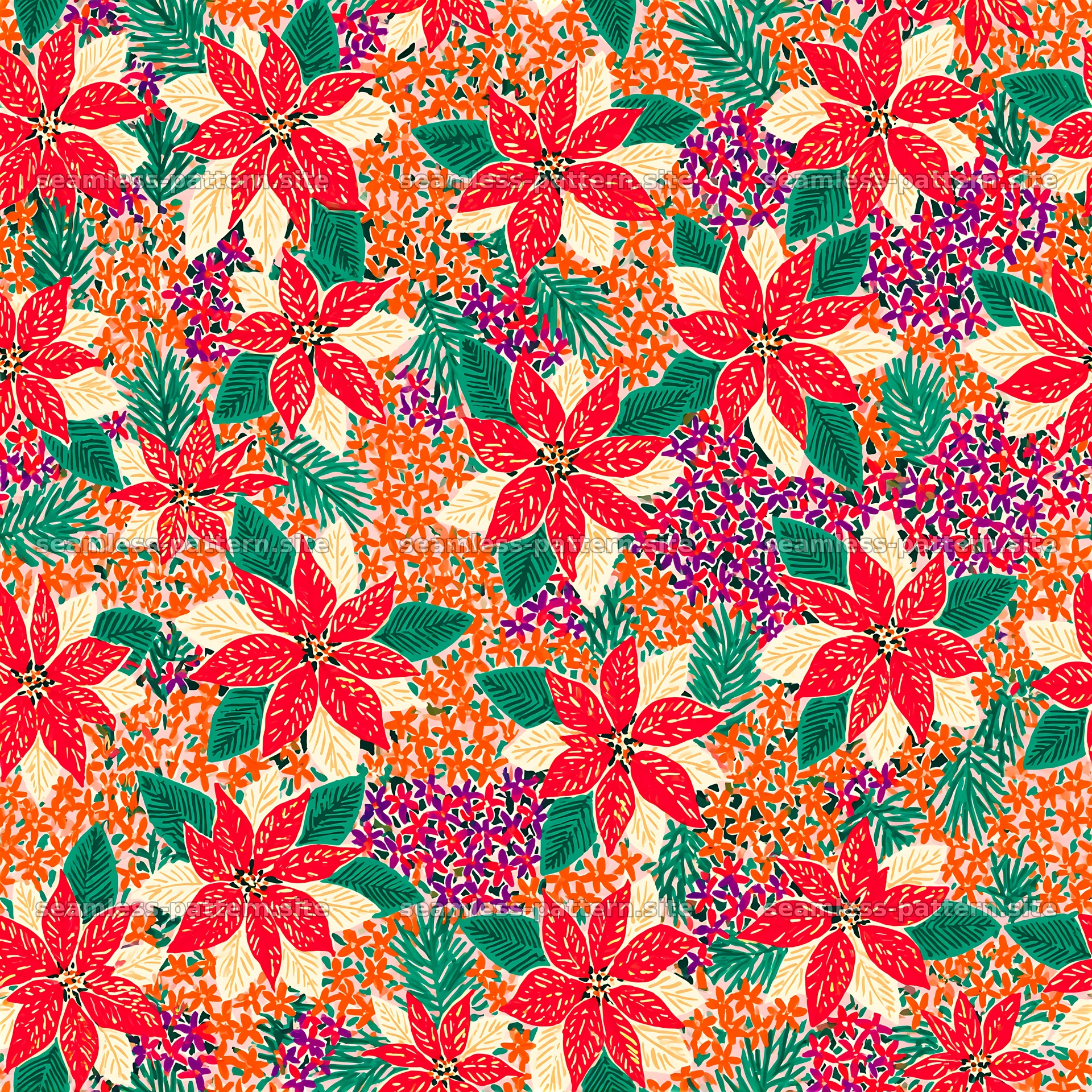 Colorful Poinsettia and Foliage Seamless Pattern — seamless tileable pattern at 8192x8192