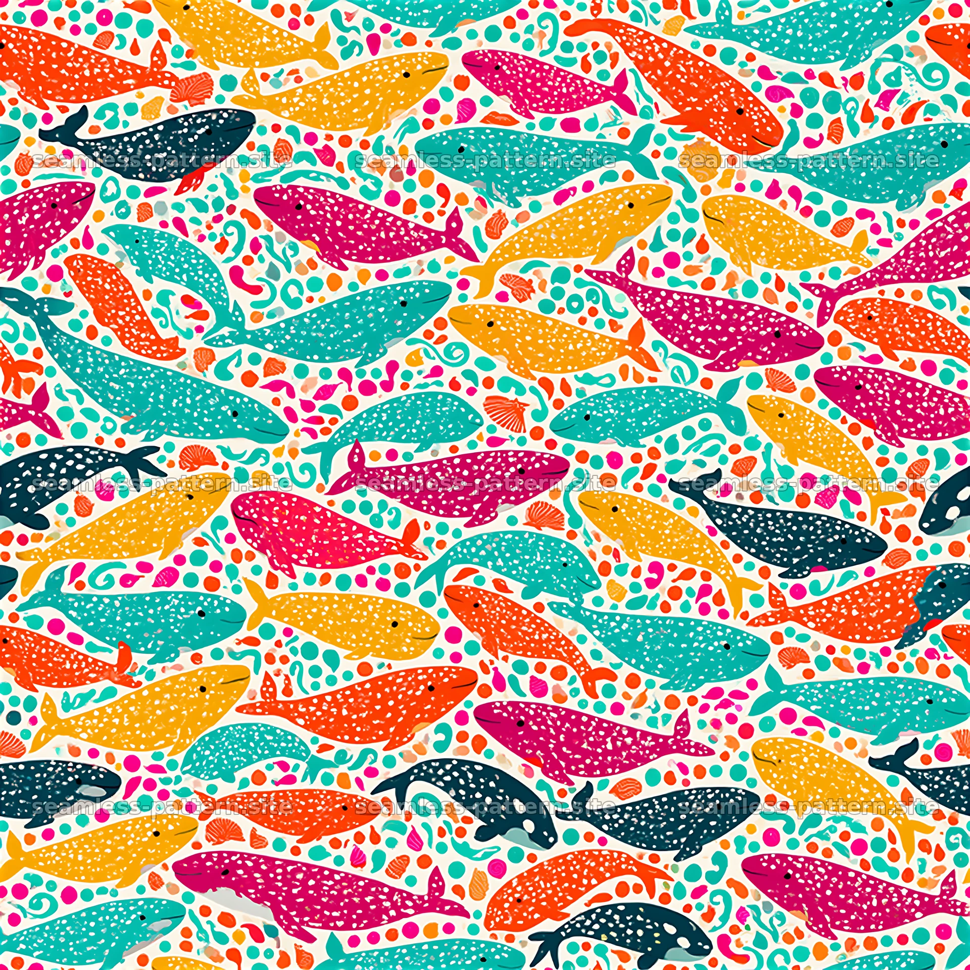 Colorful Whale Seamless Pattern with Sea Motifs — seamless tileable pattern at 8192x8192