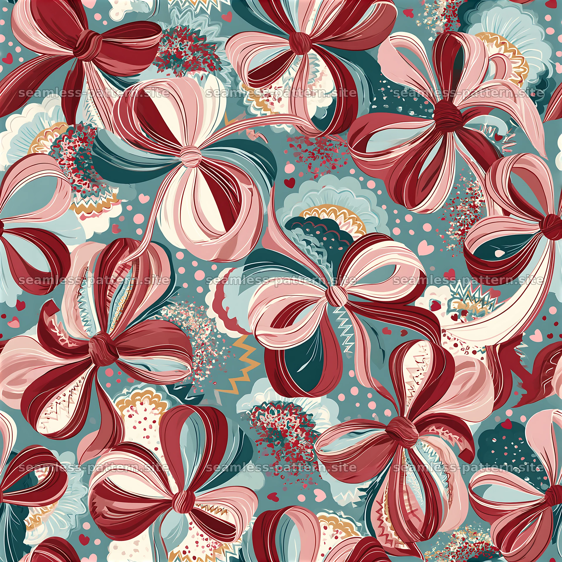 Colorful bows on floral background for fabric design — seamless tileable pattern at 8192x8192