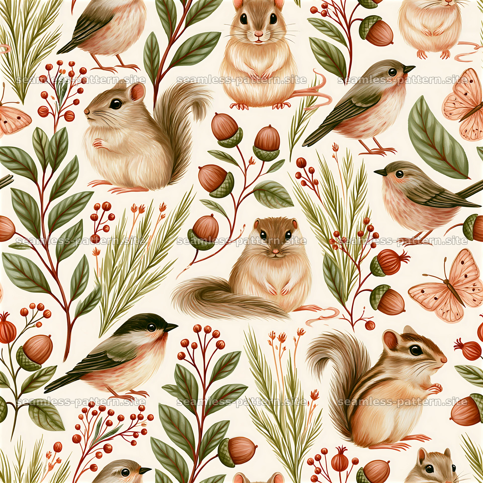 Cute animals in a seamless pattern with plants and berries — seamless tileable pattern at 8192x8192