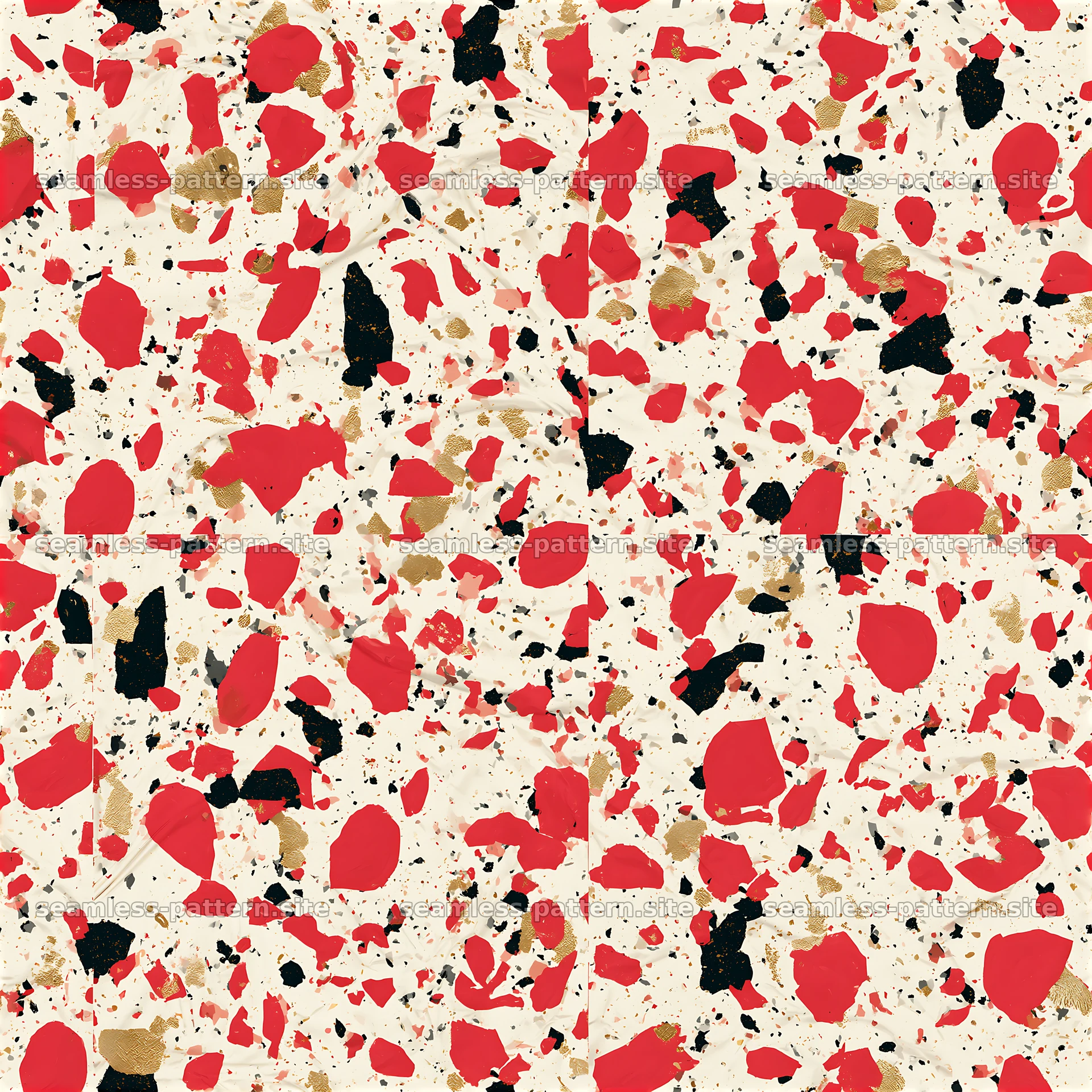 Celebration confetti black red gold repeat pattern creating joyful scenes — seamless tileable pattern at 8192x8192