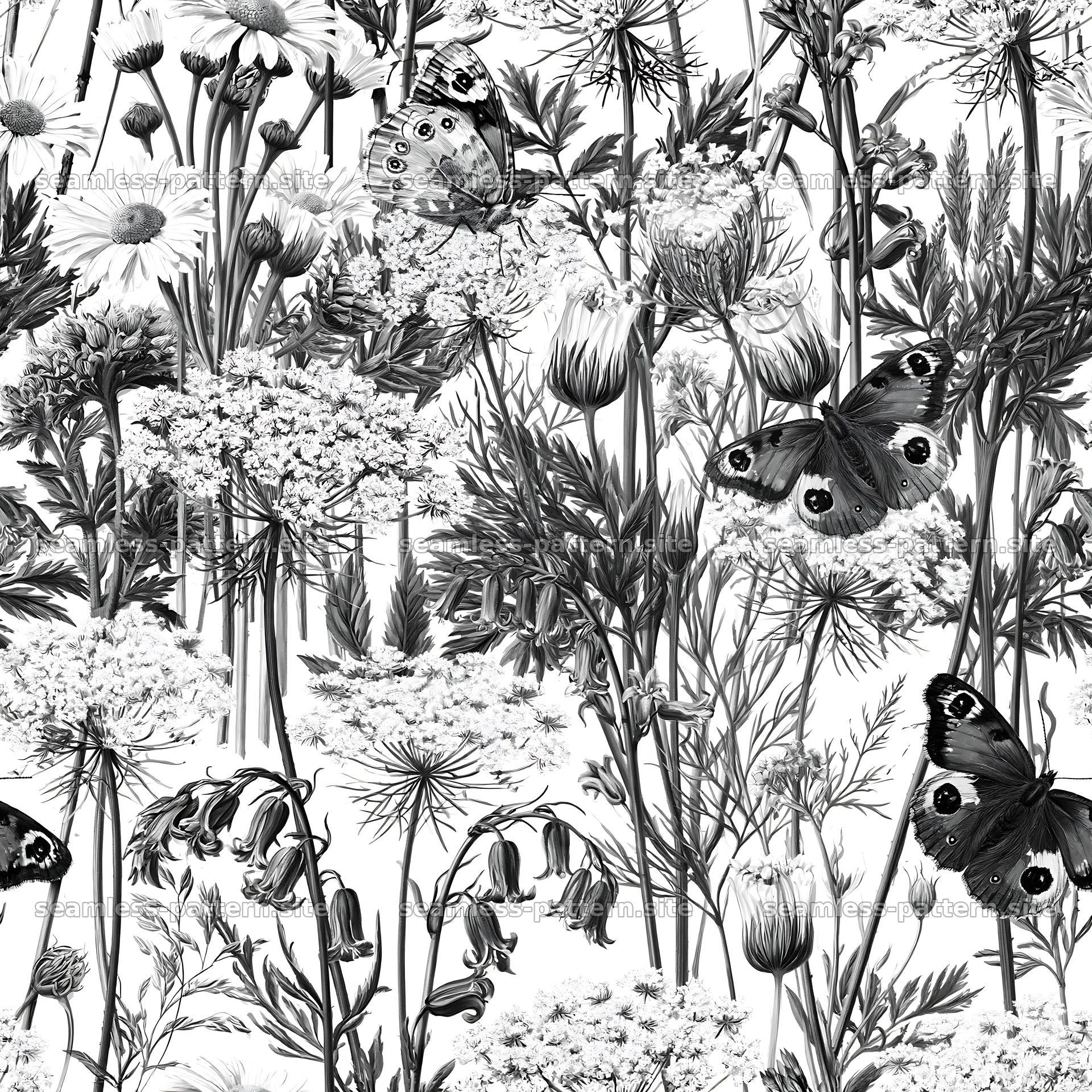 Butterfly and wildflower seamless pattern in black and white — seamless tileable pattern