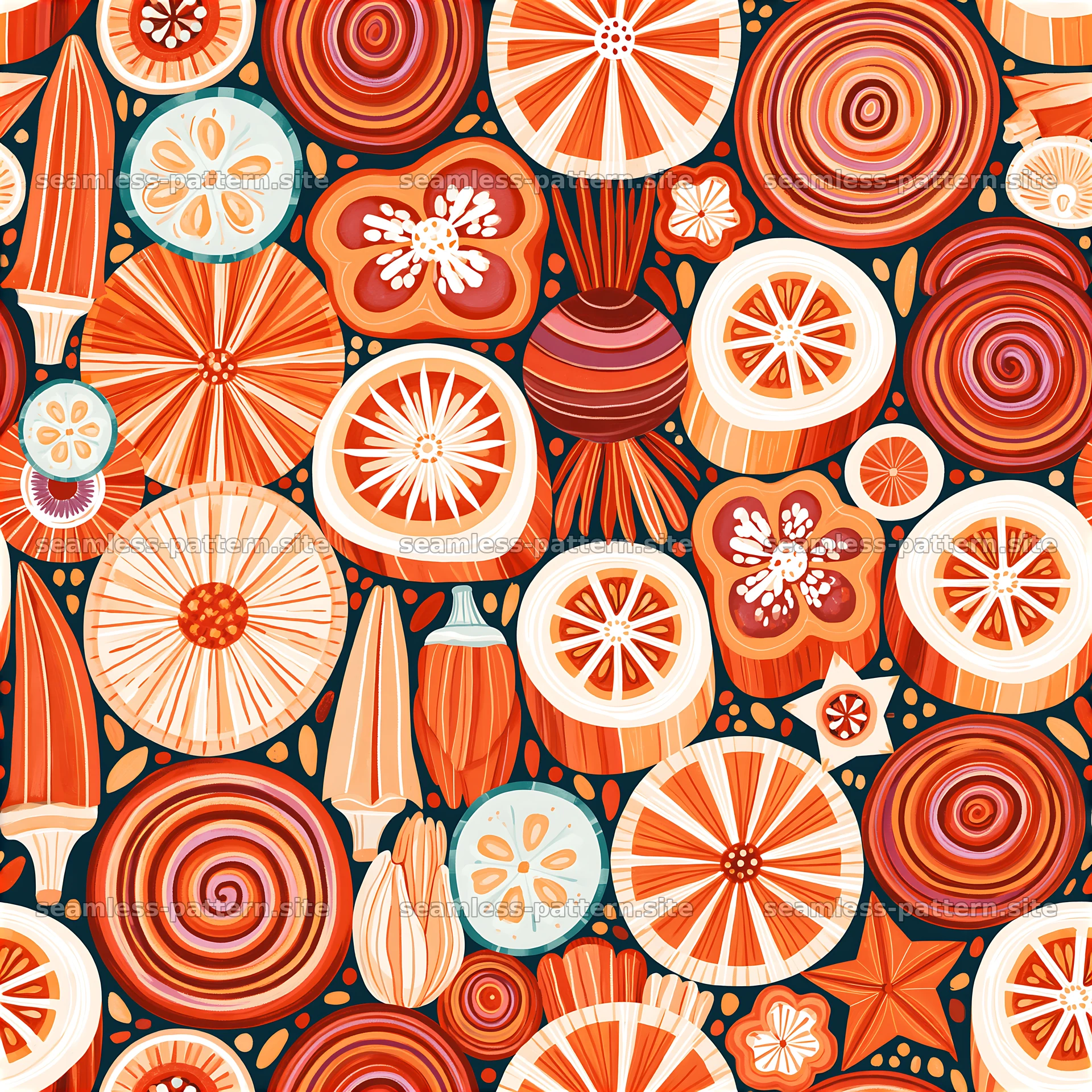 Colorful Citrus and Vegetable Cross-Section Seamless Pattern — seamless tileable pattern at 8192x8192