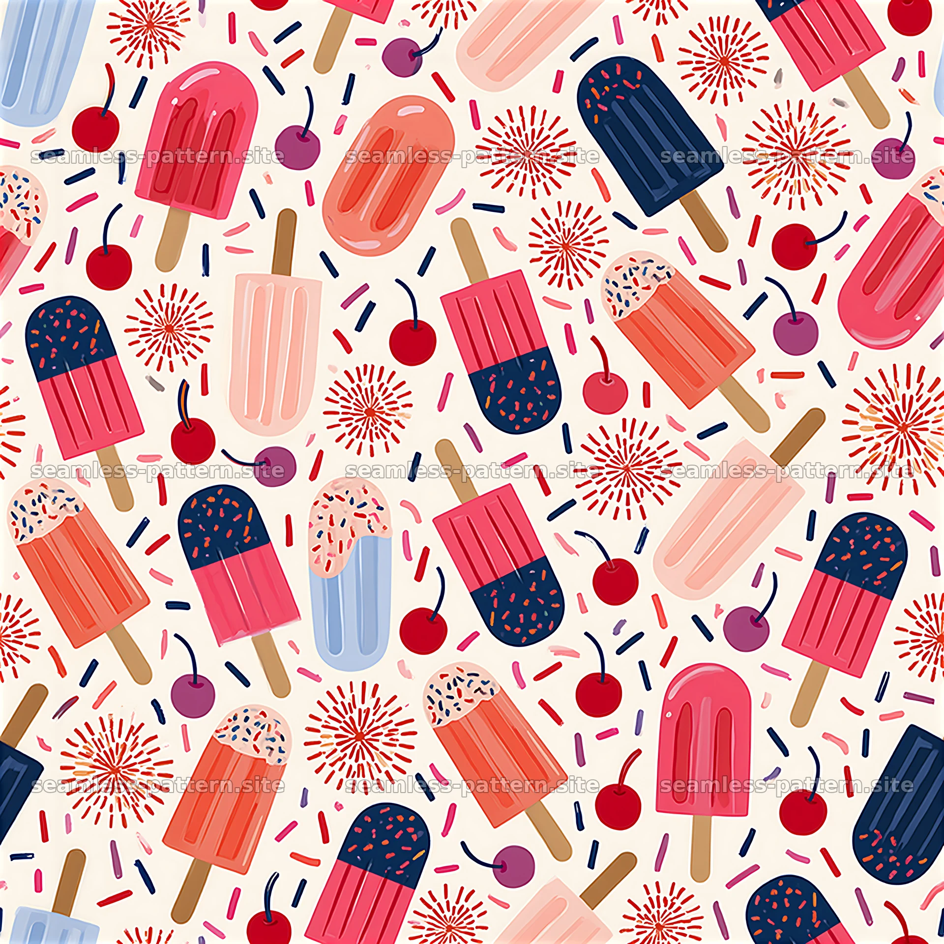 Colorful ice cream seamless pattern with popsicles and cherries — seamless tileable pattern at 8192x8192