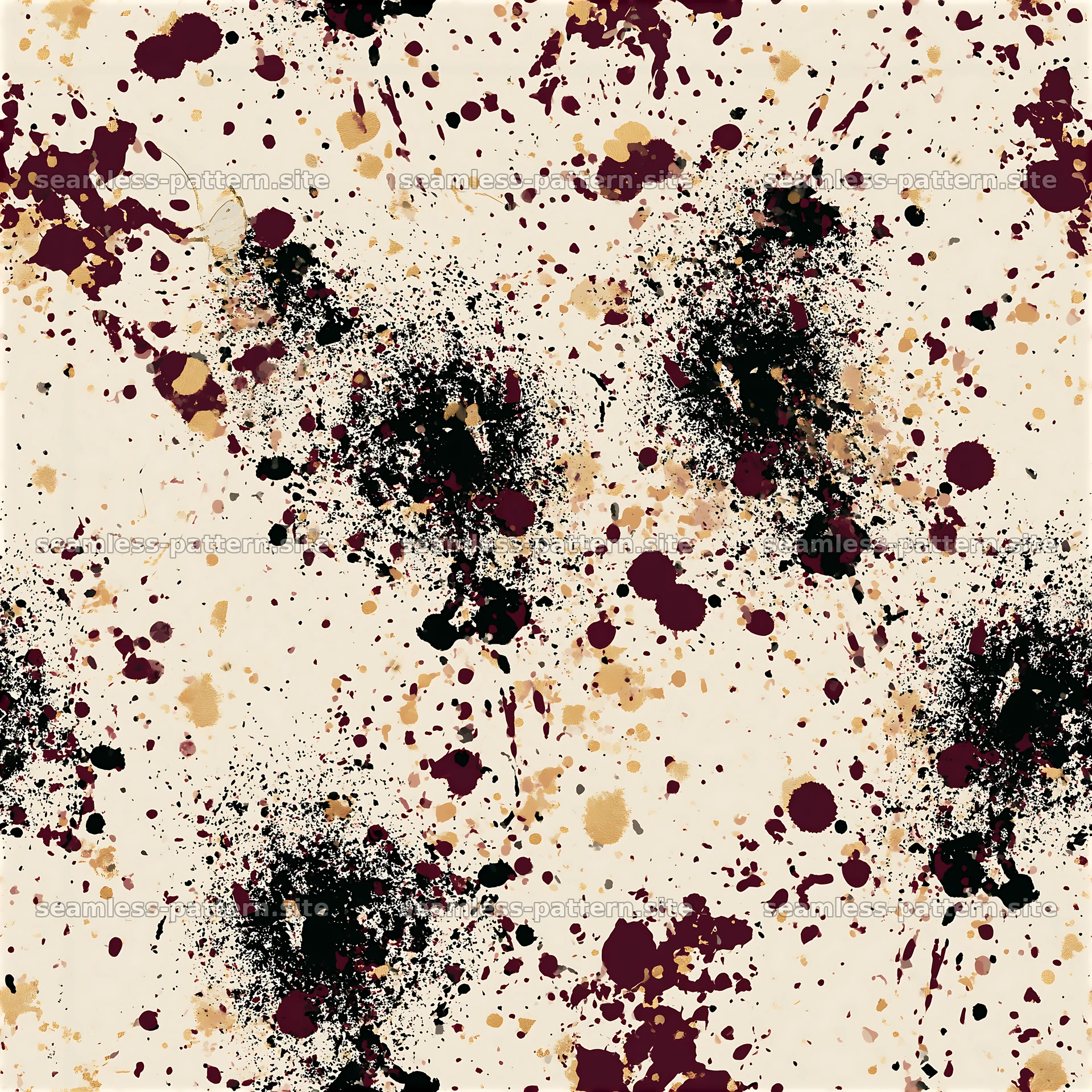 Splattered black red gold repeating pattern on light background — seamless tileable pattern at 8192x8192