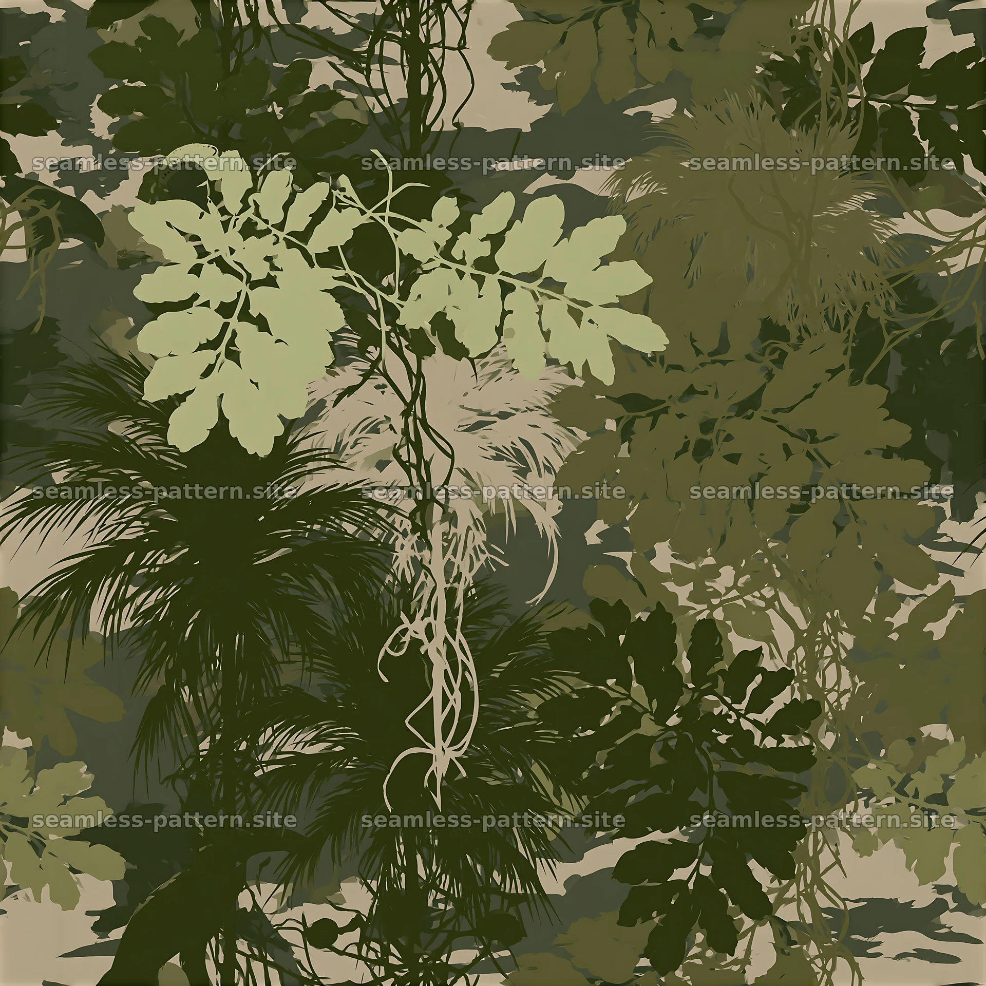 Seamless camouflage pattern with jungle foliage silhouettes in green — seamless tileable pattern at 8192x8192