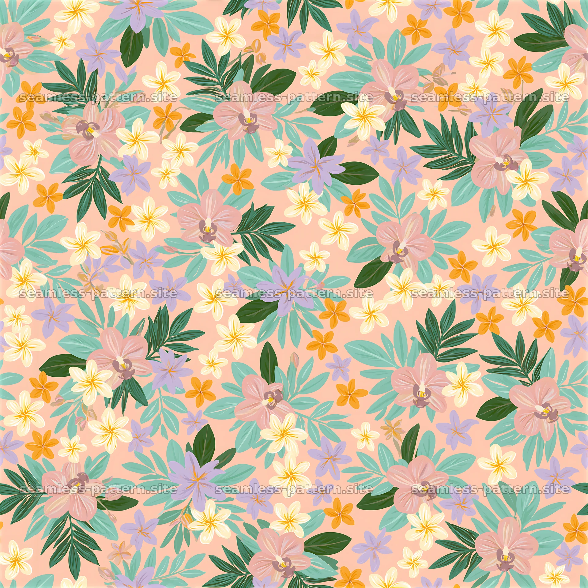 Tropical floral repeat pattern with pink and orange flowers — seamless tileable pattern at 8192x8192