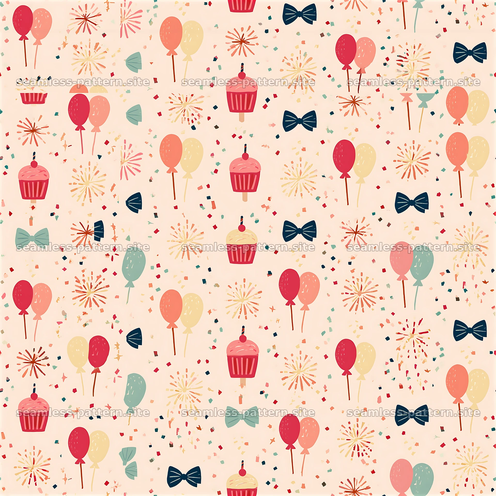 Birthday Celebration Seamless Pattern with Balloons and Cupcakes — seamless tileable pattern at 8192x8192