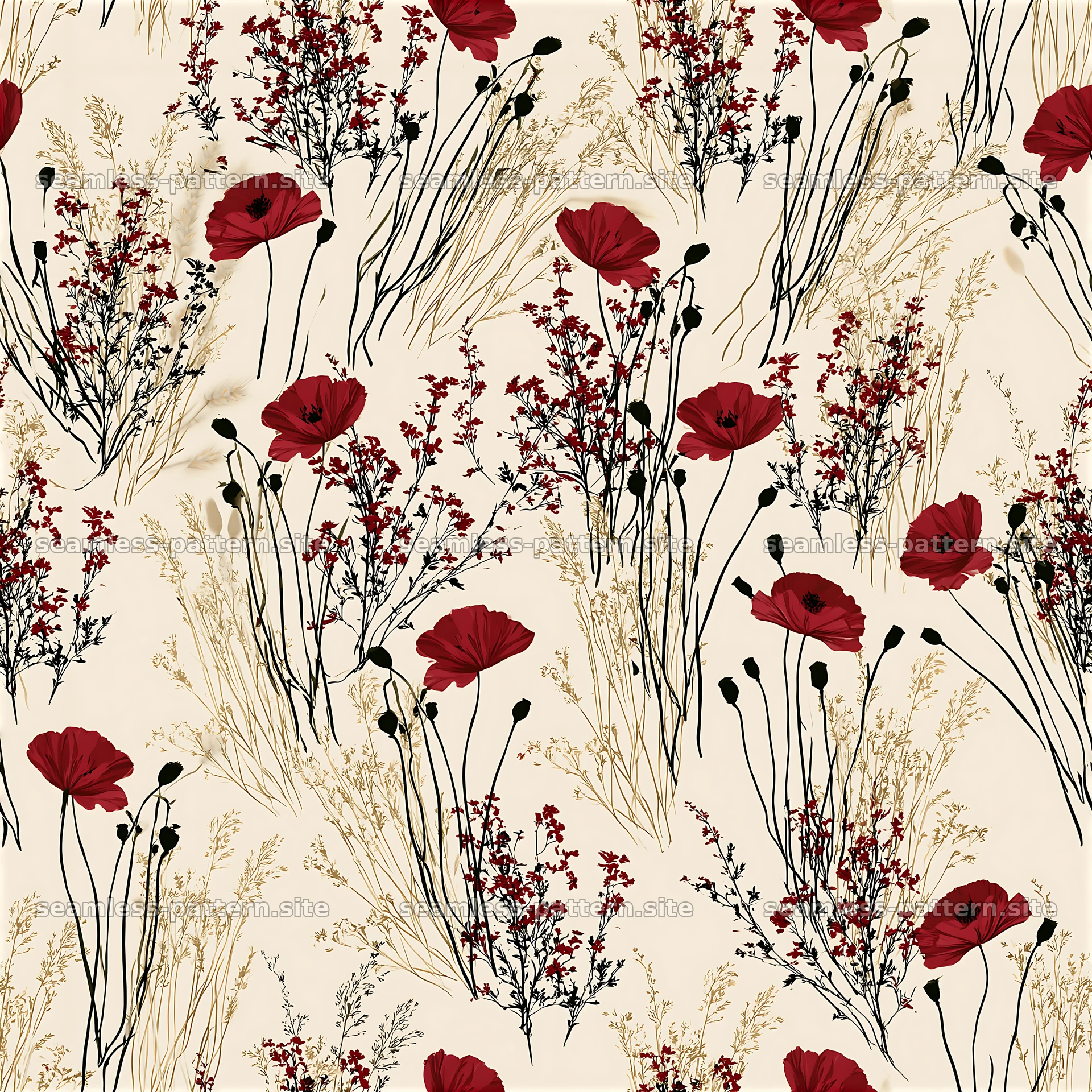 Wildflower pattern with black, red, and gold on beige background — seamless tileable pattern at 8192x8192