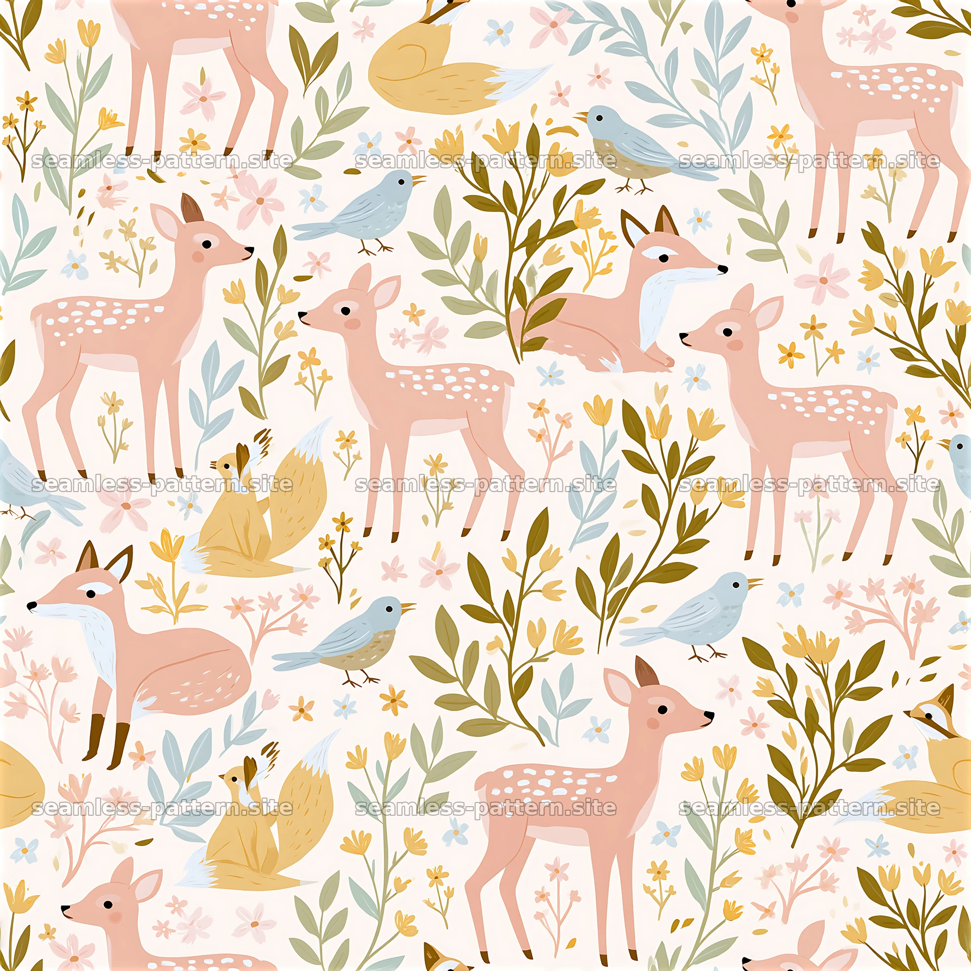 Cute woodland creatures seamless pattern with deer, foxes, and birds — seamless tileable pattern at 8192x8192