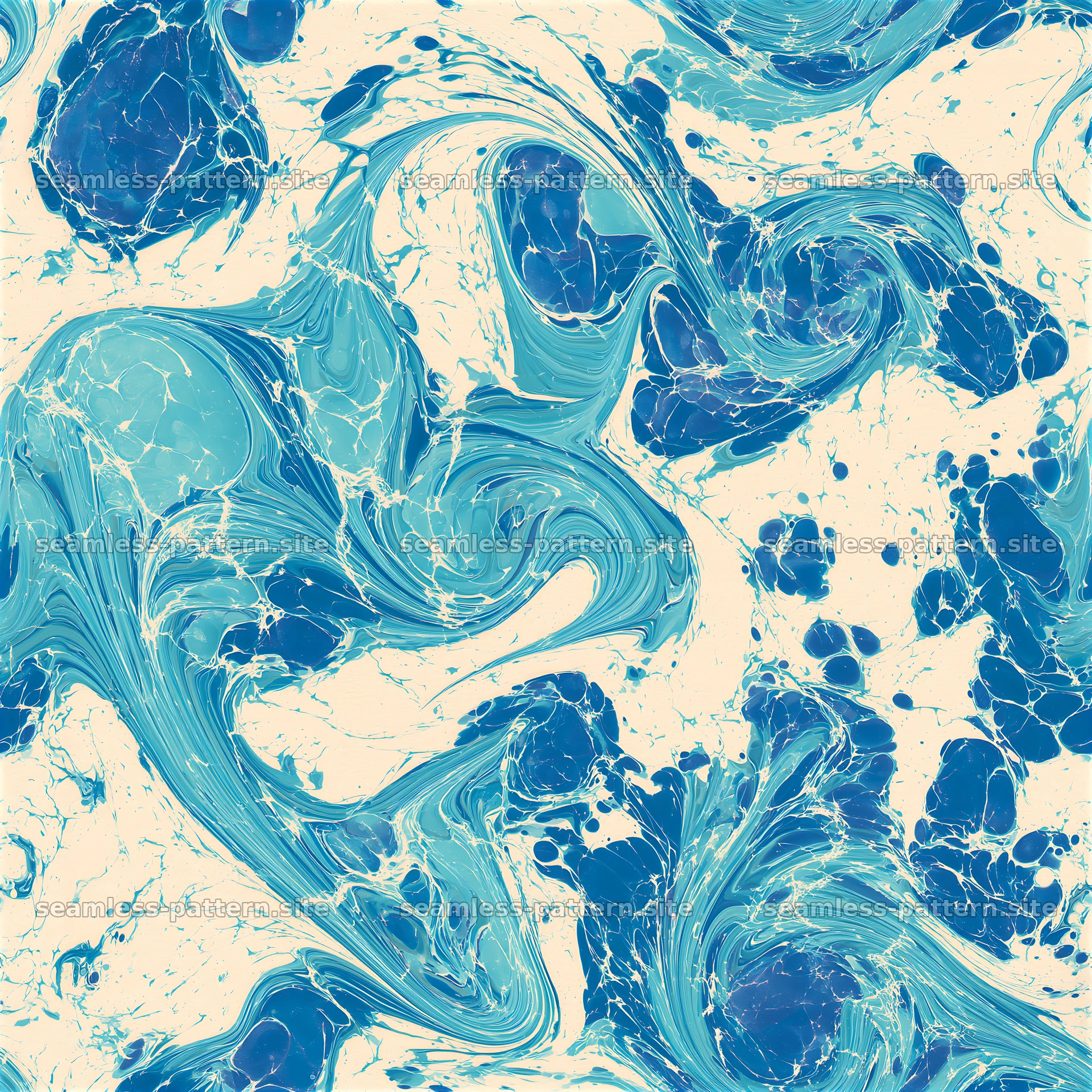 Ocean marble seamless pattern with blue swirls and cream background — seamless tileable pattern at 8192x8192
