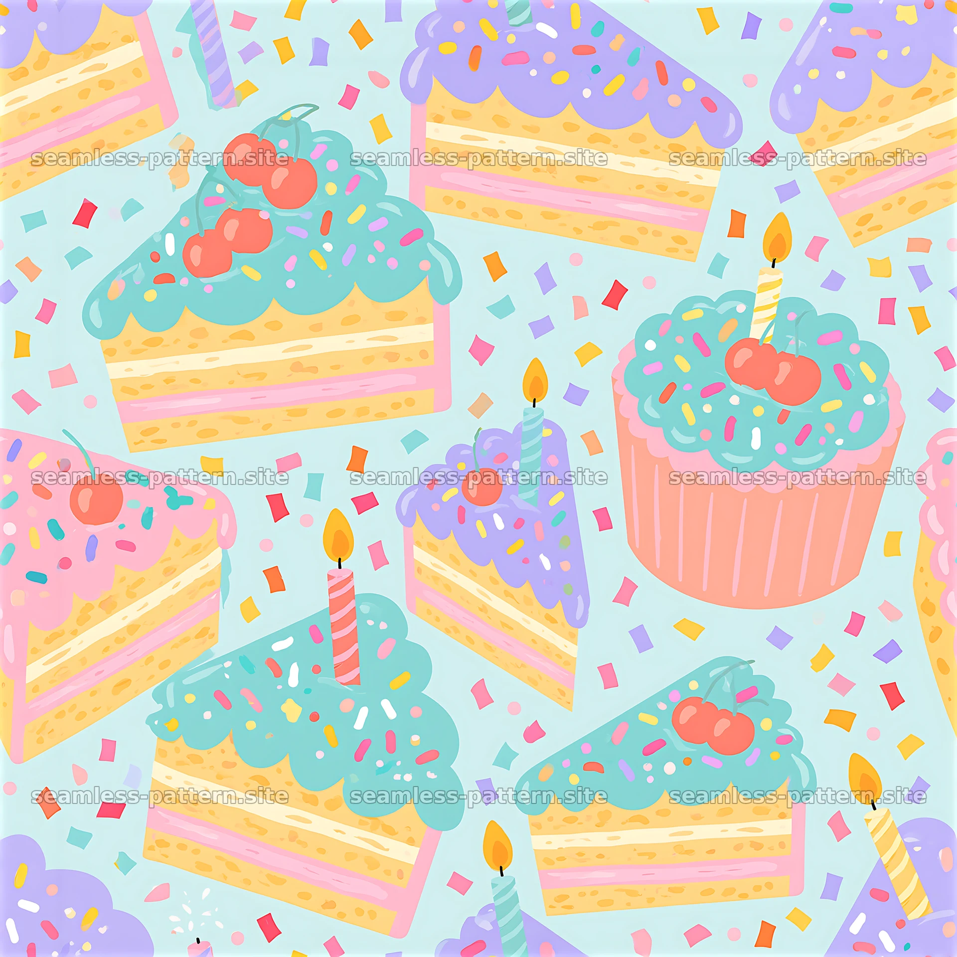 Colorful birthday cake and cupcake seamless pattern design — seamless tileable pattern at 8192x8192
