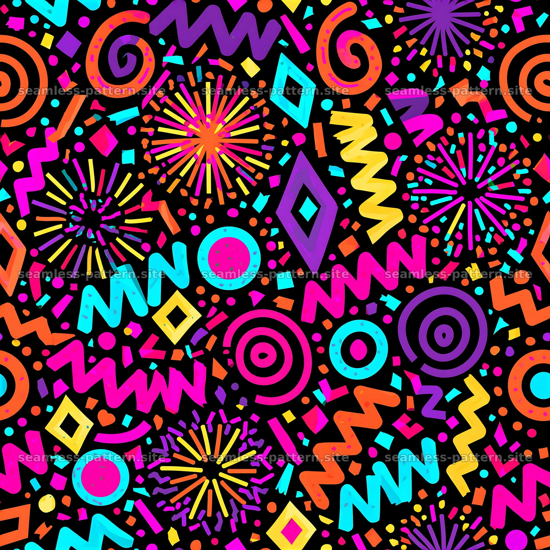Colorful design of abstract shapes and festive decorations — seamless tileable pattern at 8192x8192