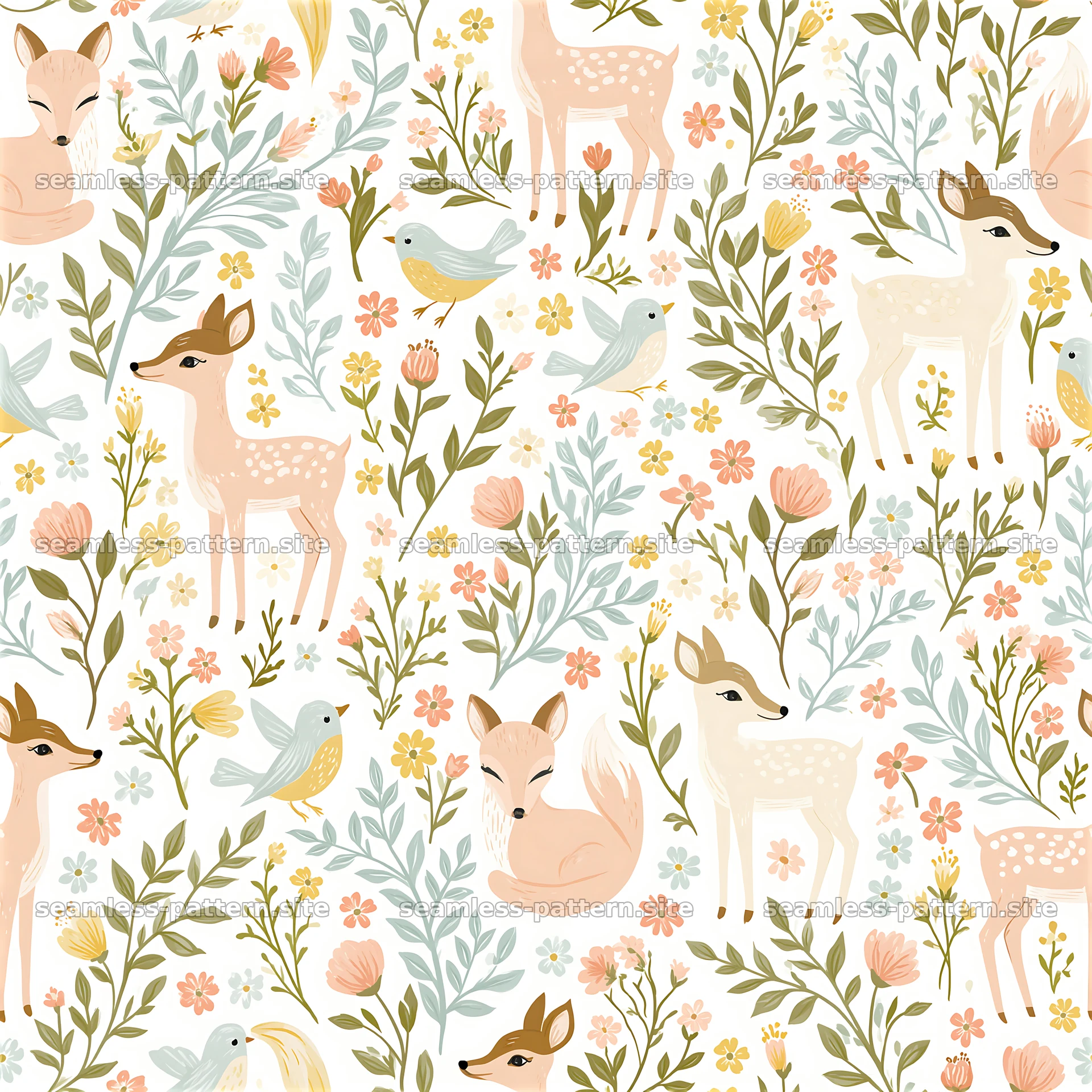 Cute woodland creatures seamless pattern with deer and birds — seamless tileable pattern at 8192x8192