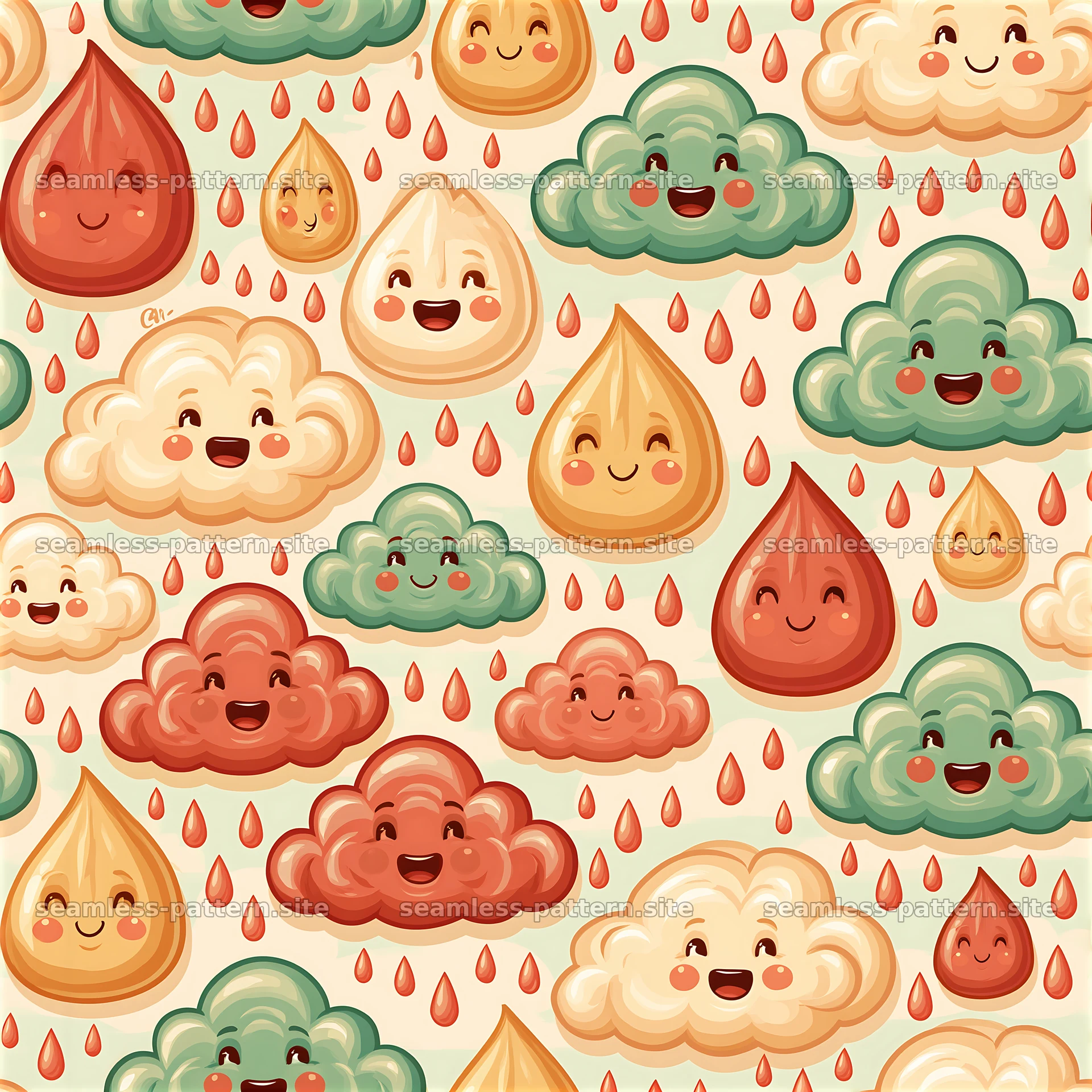 Cute smiling clouds and raindrops seamless pattern — seamless tileable pattern at 8192x8192