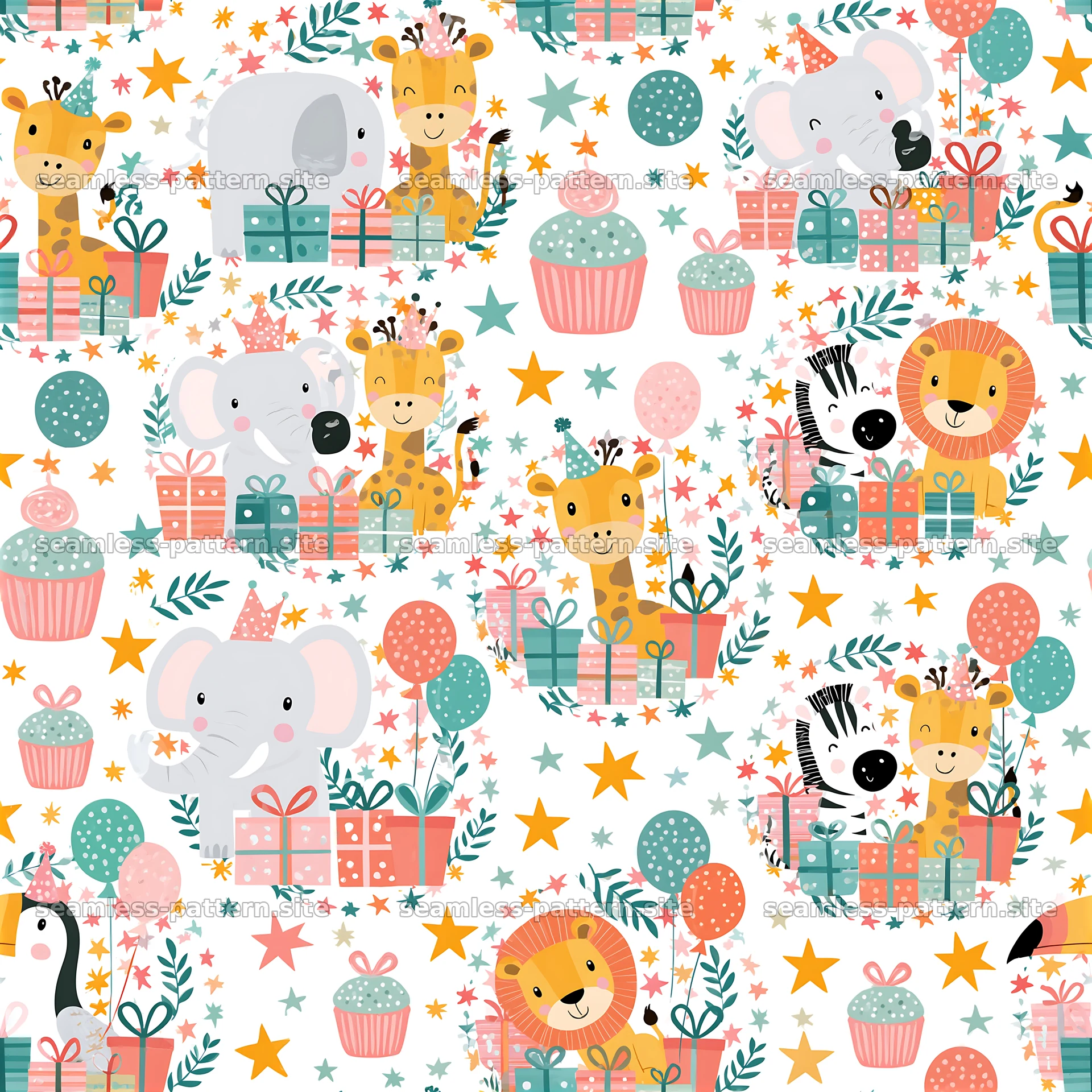 Birthday Safari Animals Seamless Pattern with Gifts and Cupcakes — seamless tileable pattern at 8192x8192