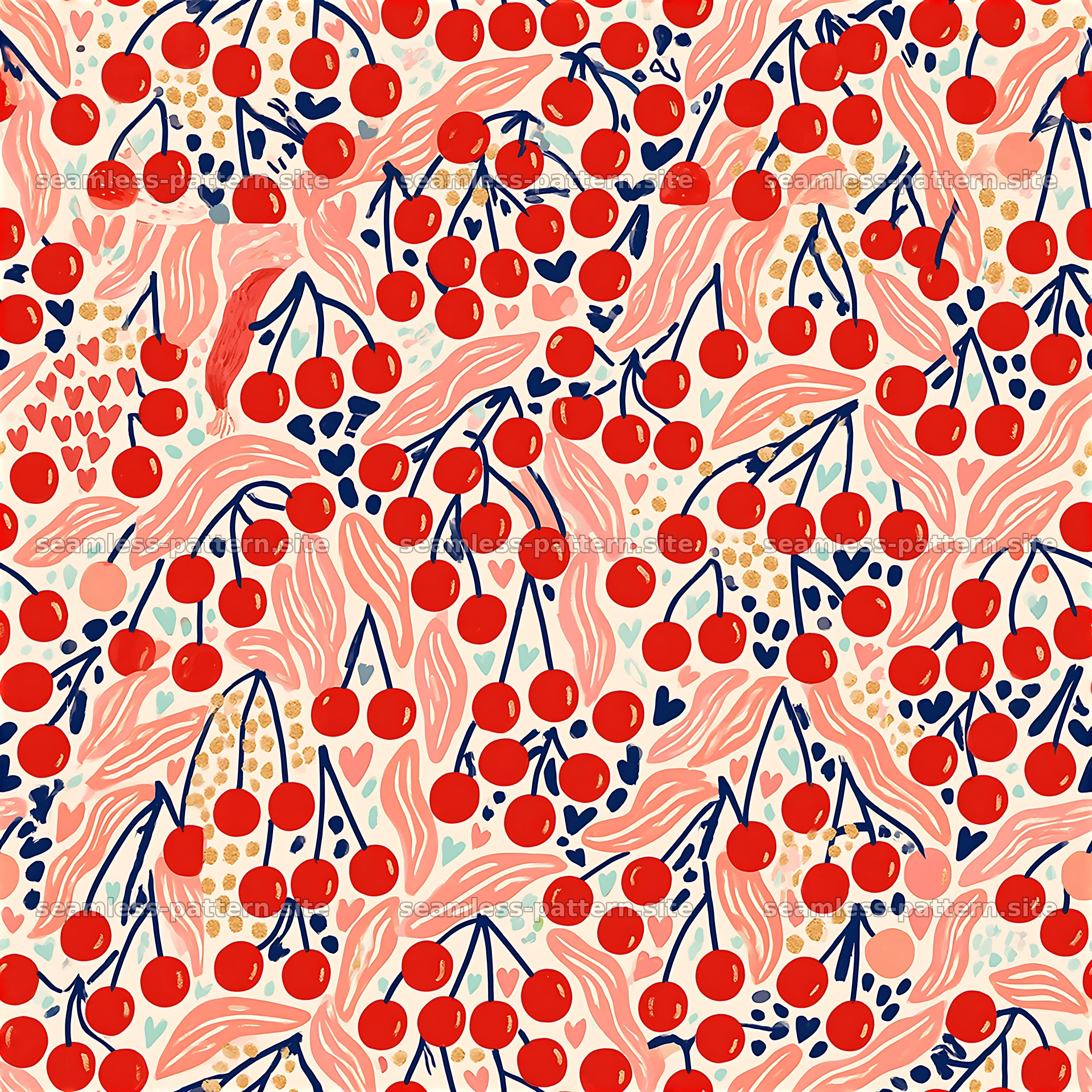 Colorful fruit and heart pattern in bright red and blue — seamless tileable pattern at 8192x8192