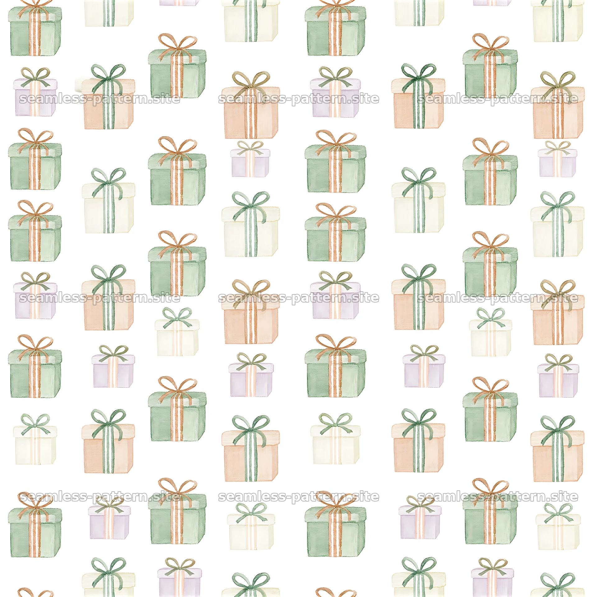 Watercolor Gift Box Seamless Pattern with Striped Ribbons — seamless tileable pattern at 8192x8192