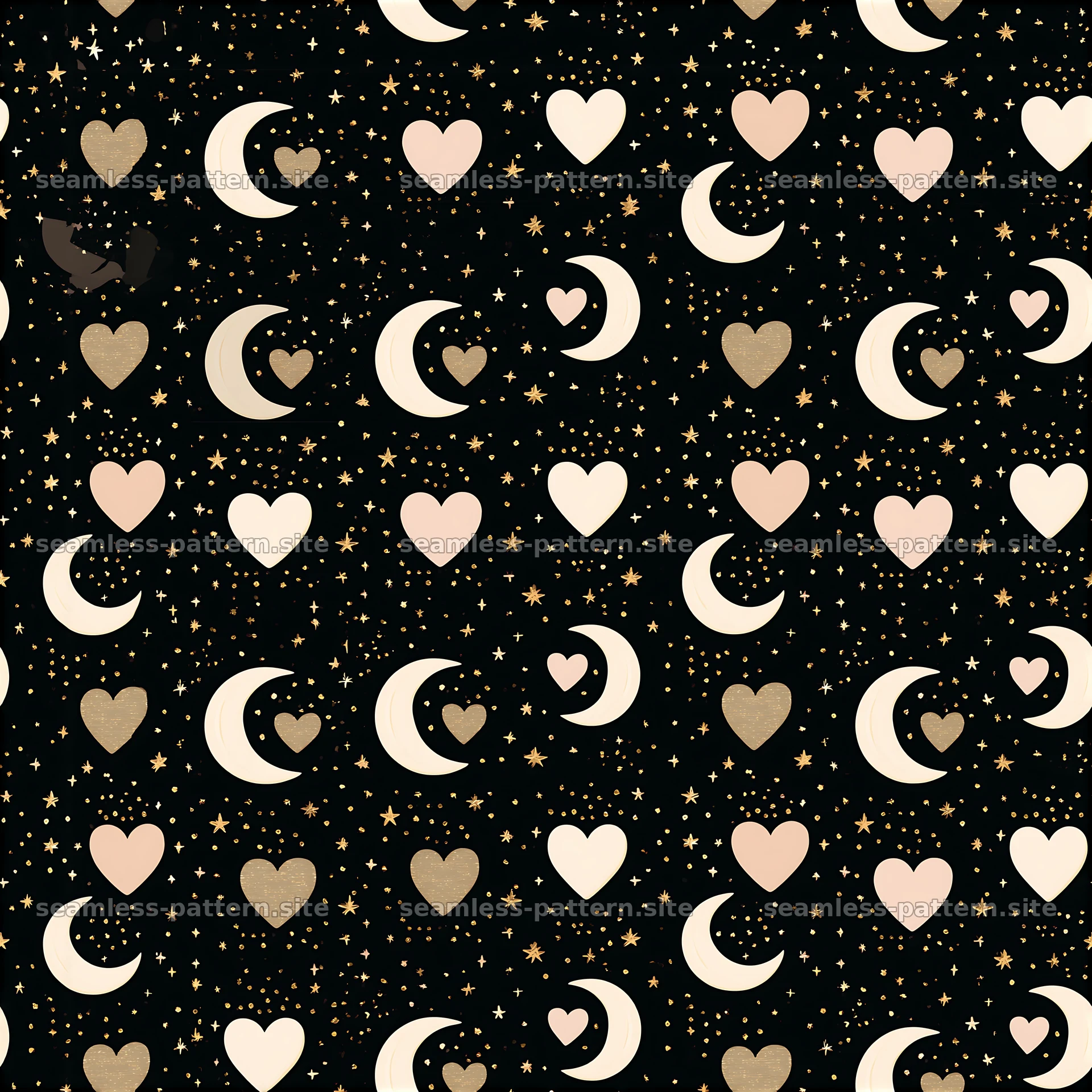 Seamless heart and moon pattern with stars on a dark background — seamless tileable pattern at 8192x8192
