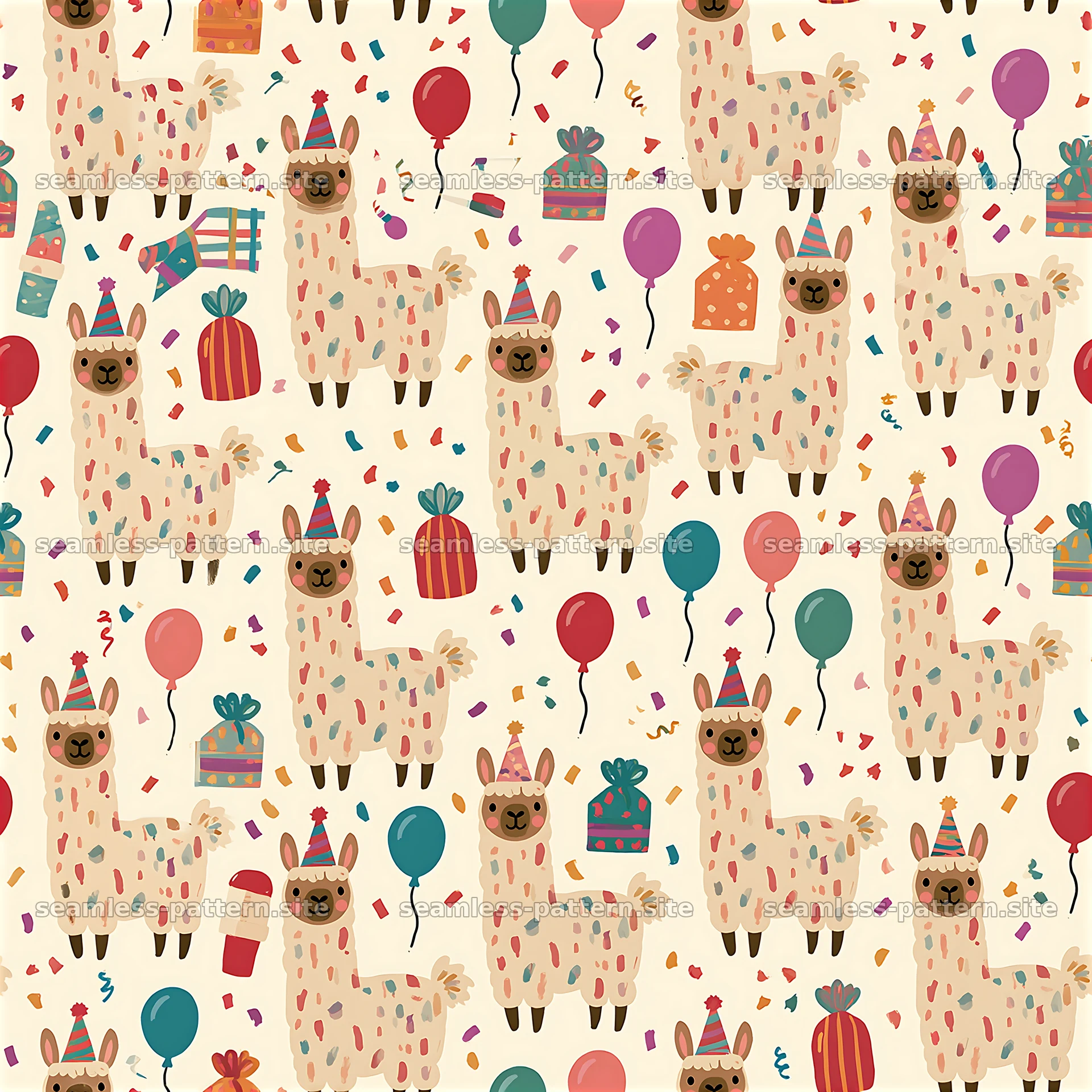 Birthday Llamas Seamless Pattern with Balloons and Gifts — seamless tileable pattern at 8192x8192