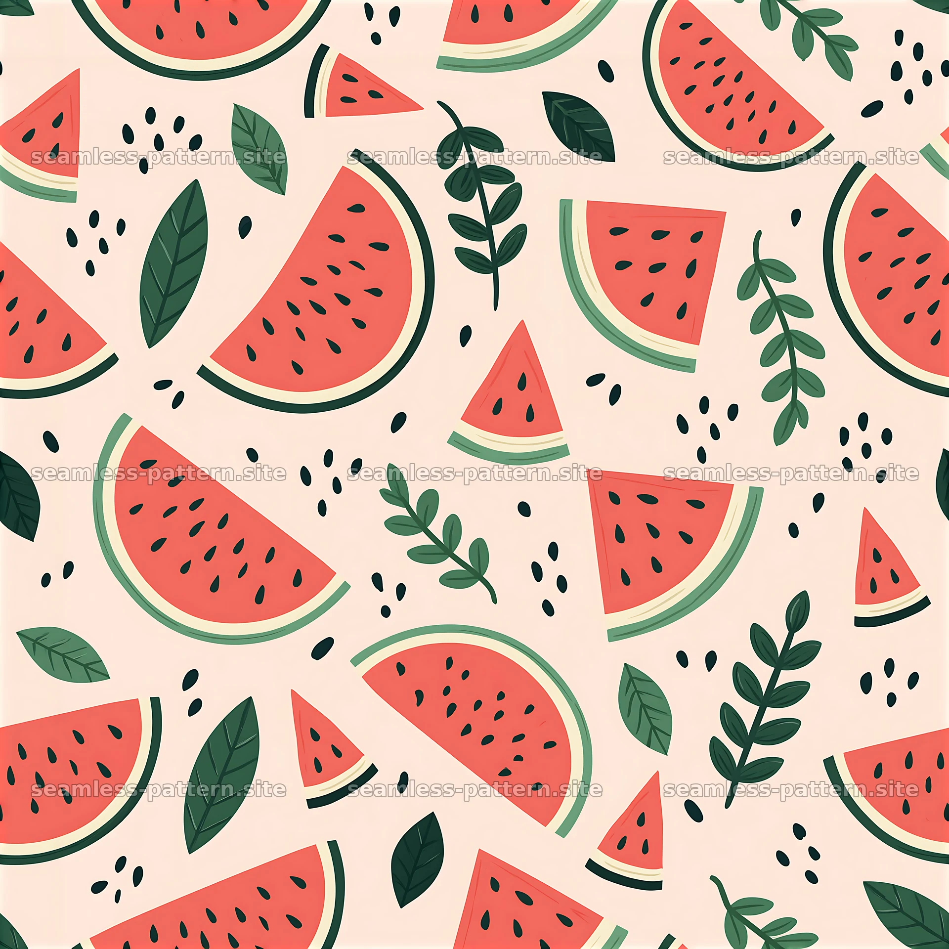 Cute watermelon seamless pattern design with leaves and seeds — seamless tileable pattern at 8192x8192