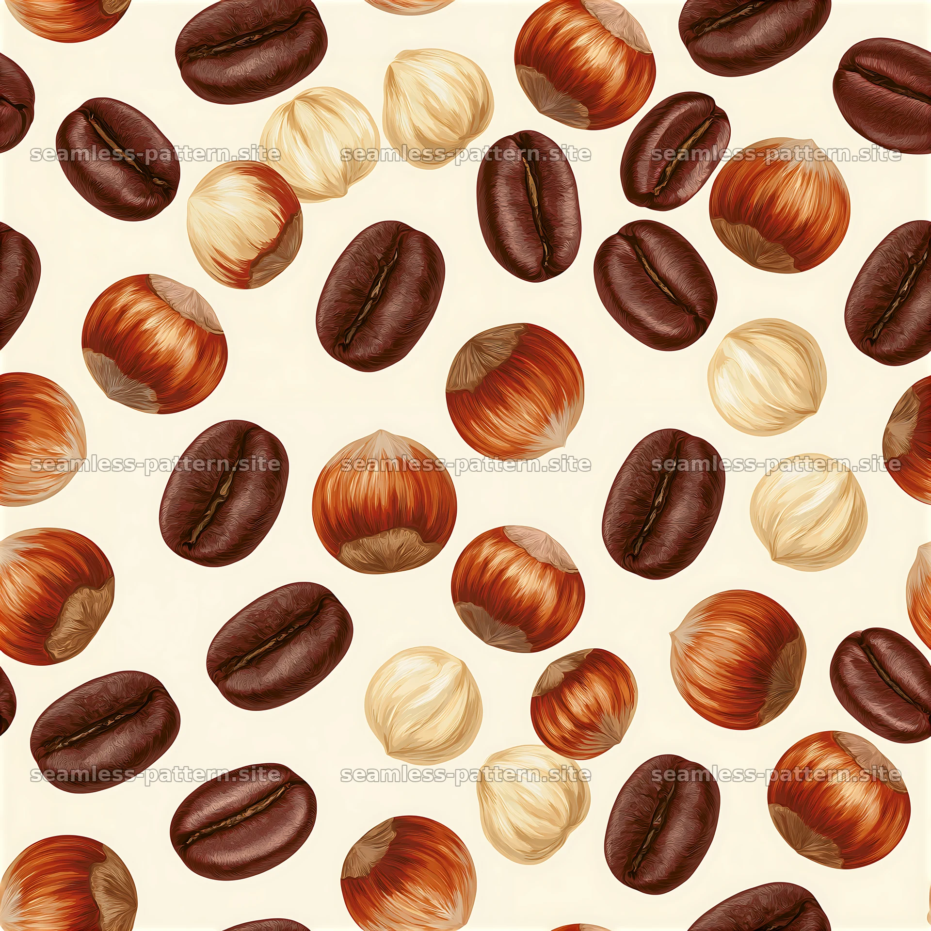 Pattern/seamless coffee beans and hazelnuts pattern in neutral colors — seamless tileable pattern at 8192x8192