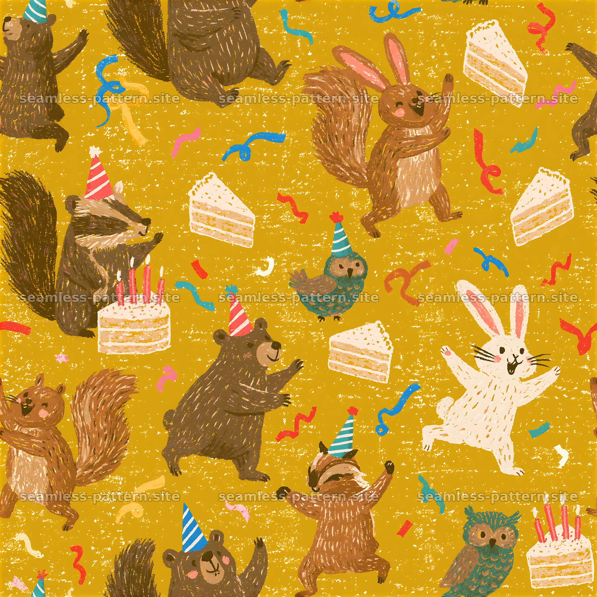 Birthday Woodland Animals Seamless Pattern — seamless tileable pattern at 8192x8192