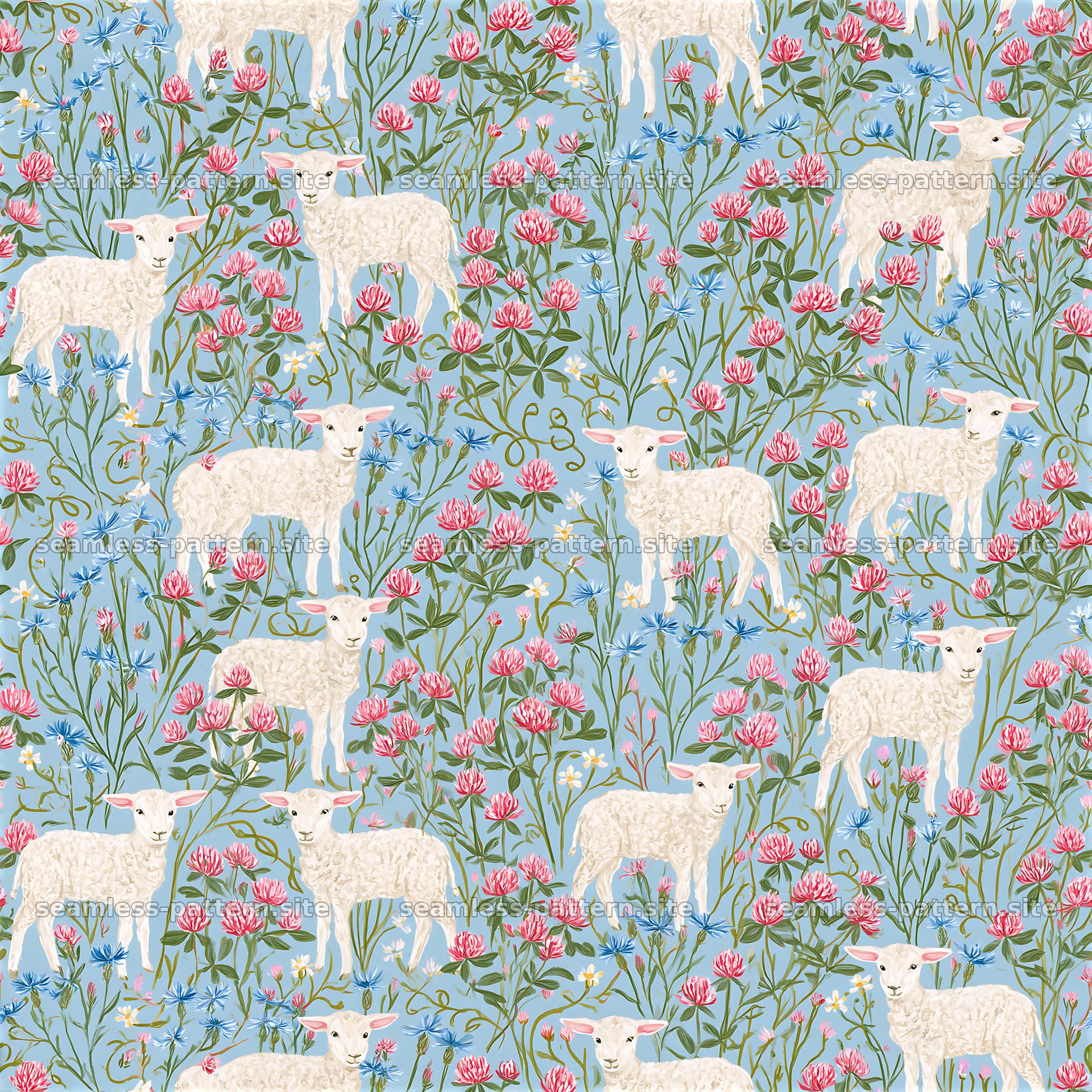Lambs and Meadow Flowers Seamless Pattern — seamless tileable pattern at 8192x8192