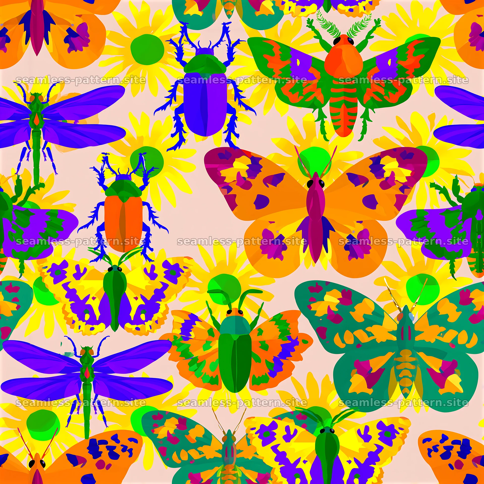 Colorful insect seamless pattern with bright flowers and foliage — seamless tileable pattern at 8192x8192