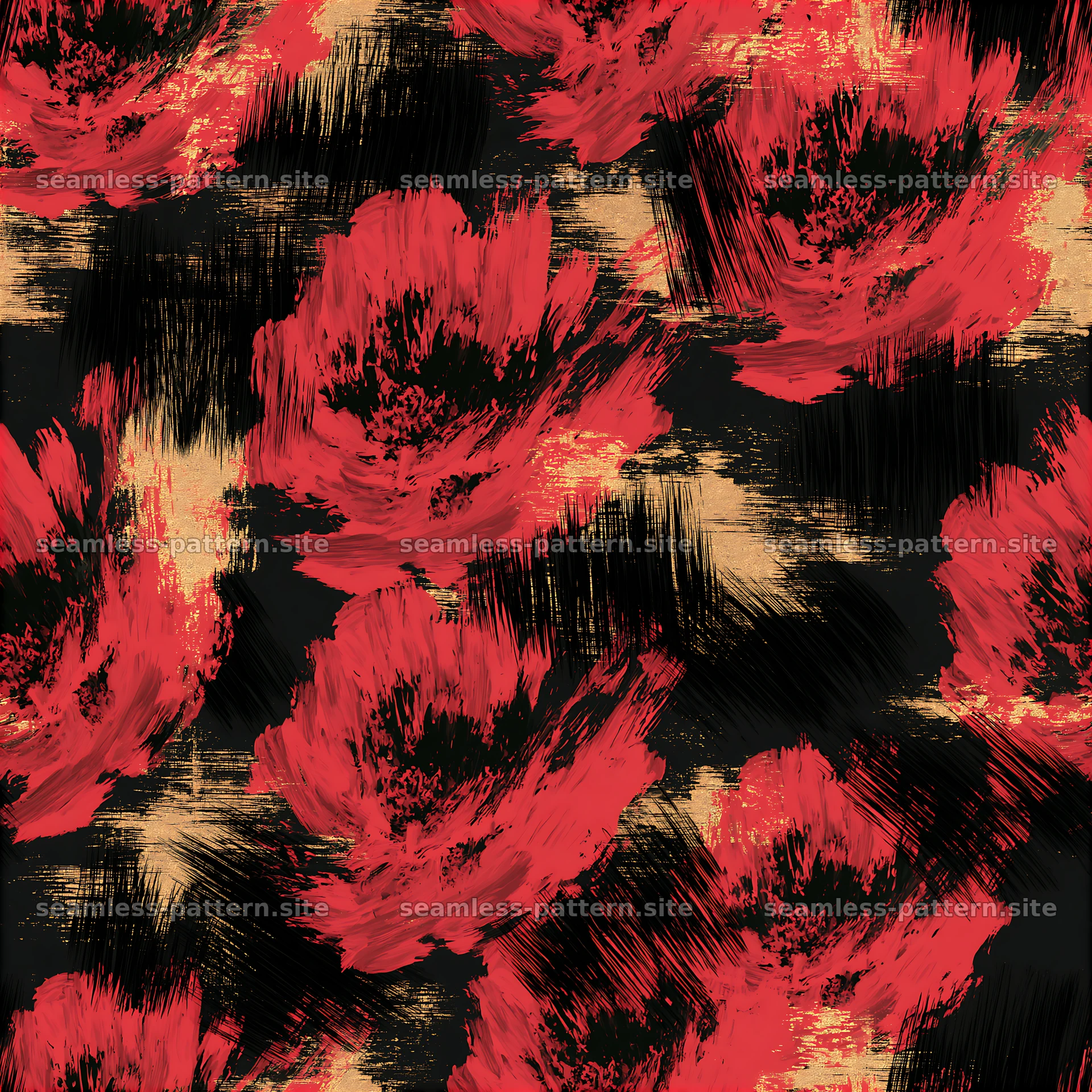 Brushstroke black red gold seamless pattern on dark background — seamless tileable pattern at 8192x8192