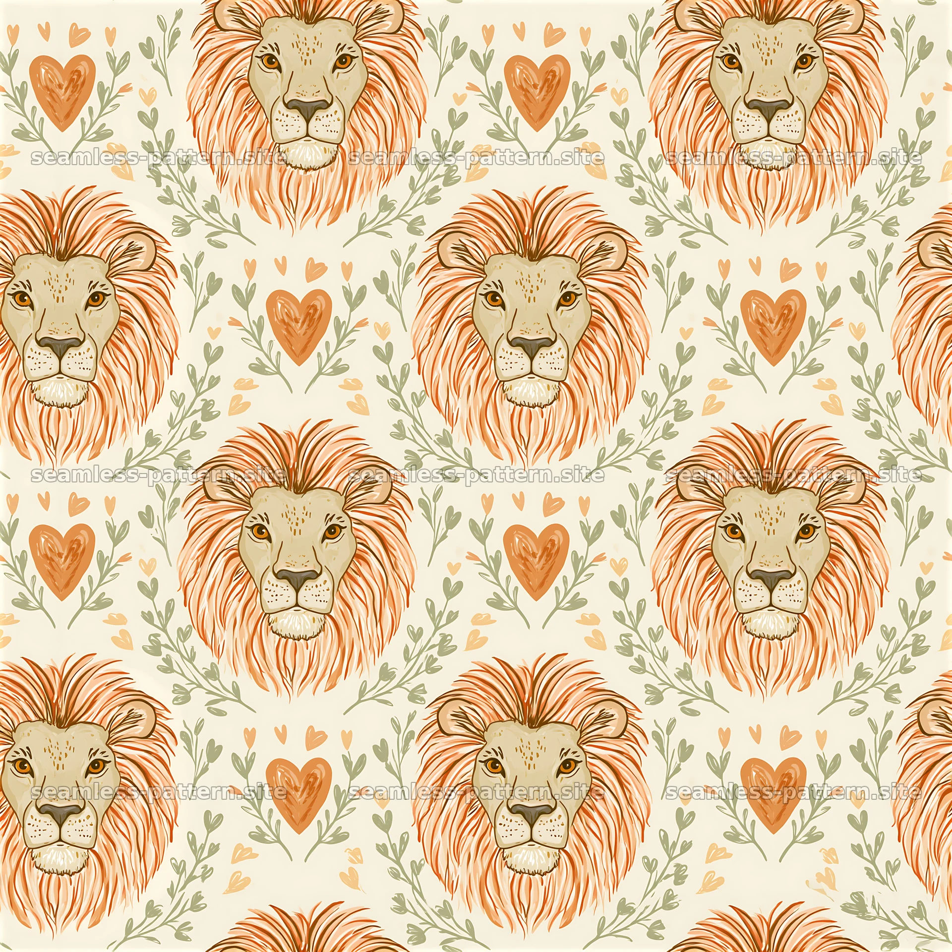 Lion face with hearts seamless texture pattern showing lions and hearts — seamless tileable pattern at 8192x8192