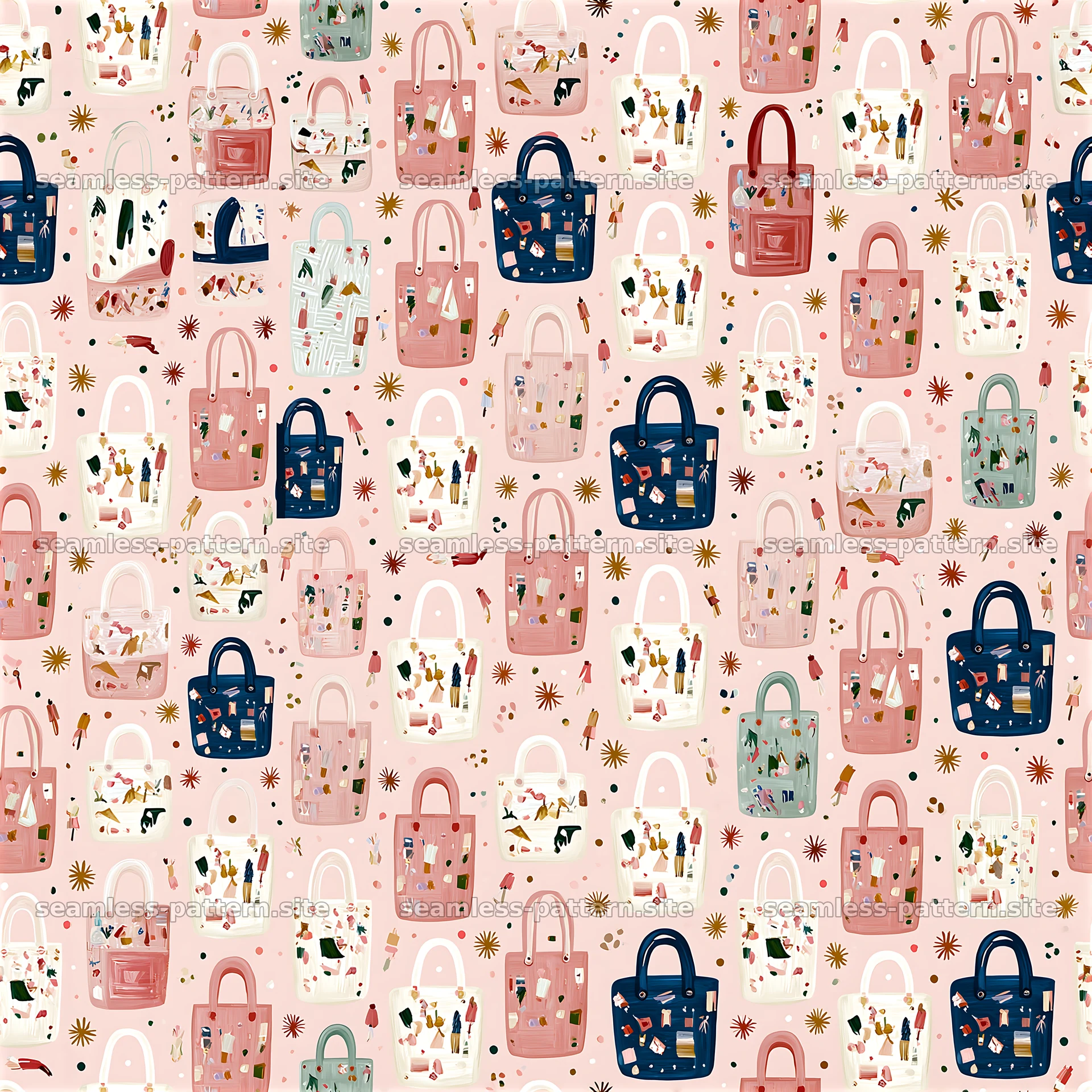 Colorful tote bag seamless pattern with various designs — seamless tileable pattern at 8192x8192