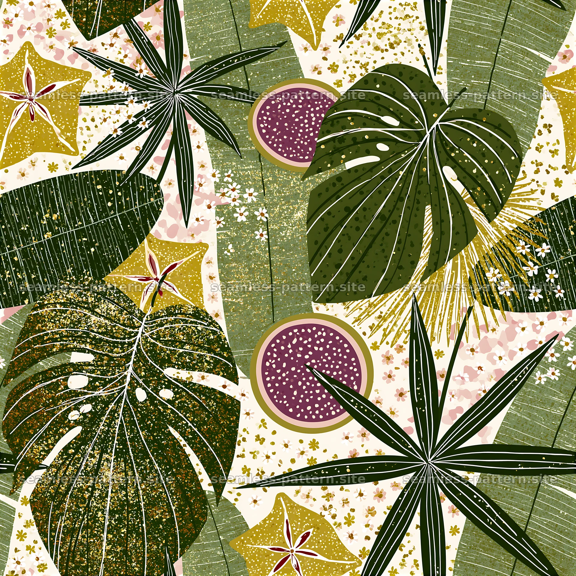 Tropical leaves and shapes in a colorful seamless pattern — seamless tileable pattern at 8192x8192