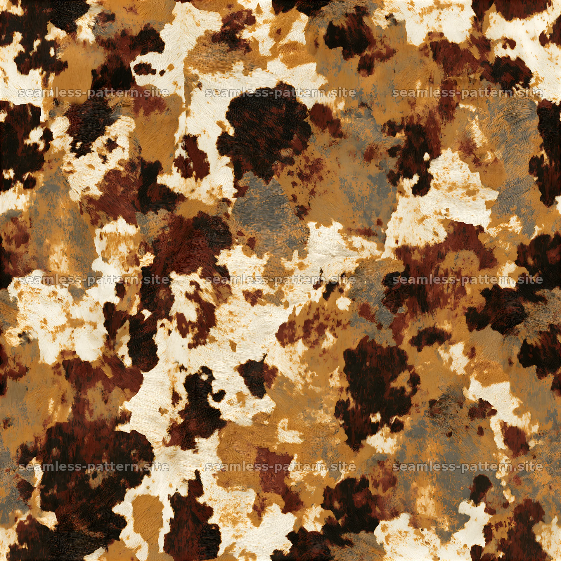 Seamless digital cowhide repeat pattern with brown and cream tones — seamless tileable pattern at 8192x8192