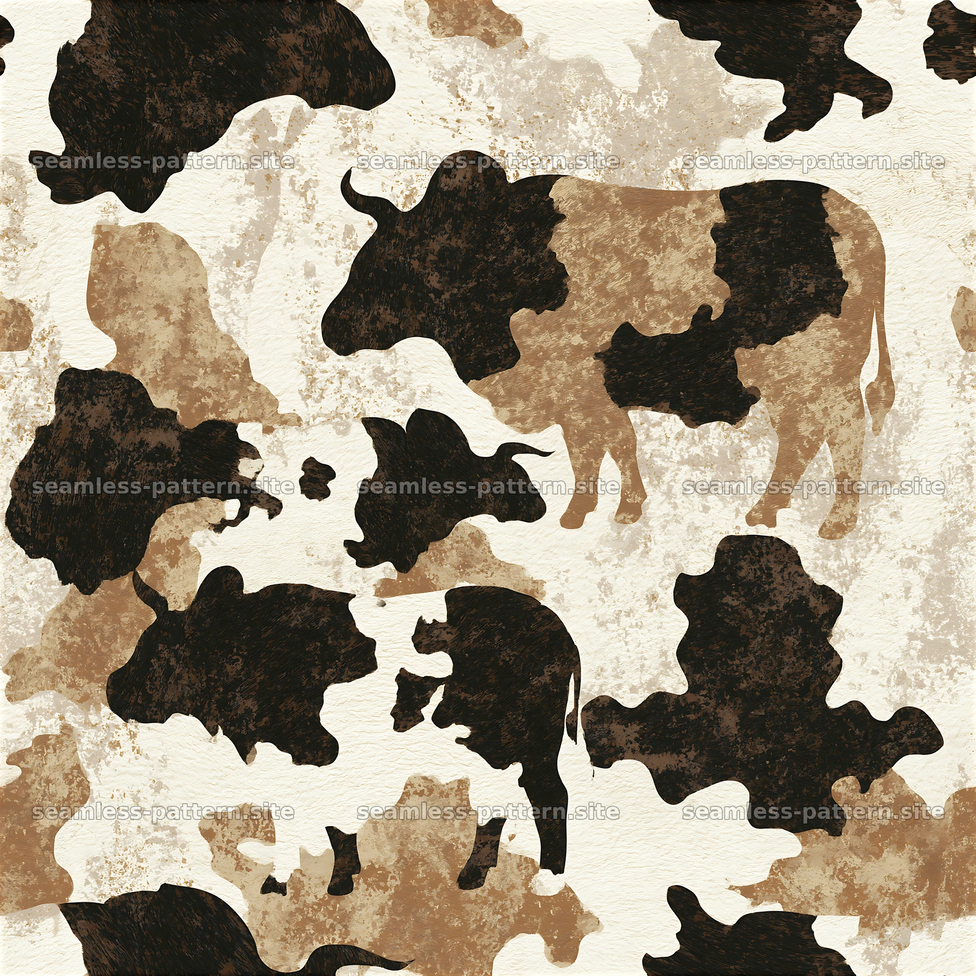 Seamless creamy cowhide repeat pattern with black and brown shapes — seamless tileable pattern at 8192x8192