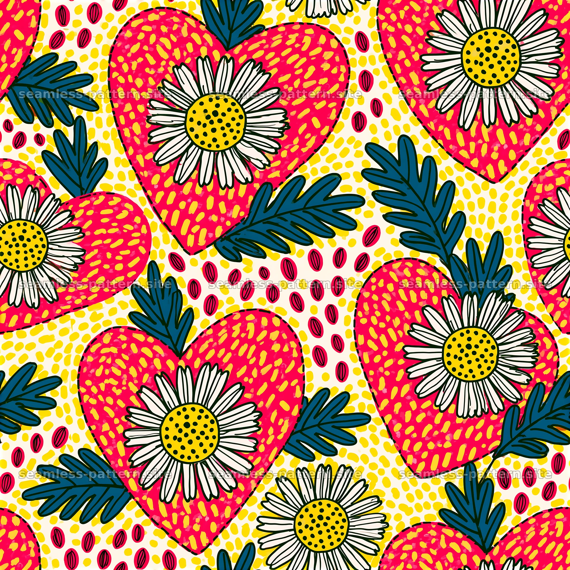 Colorful hearts with flowers and leaves in a seamless design — seamless tileable pattern at 8192x8192