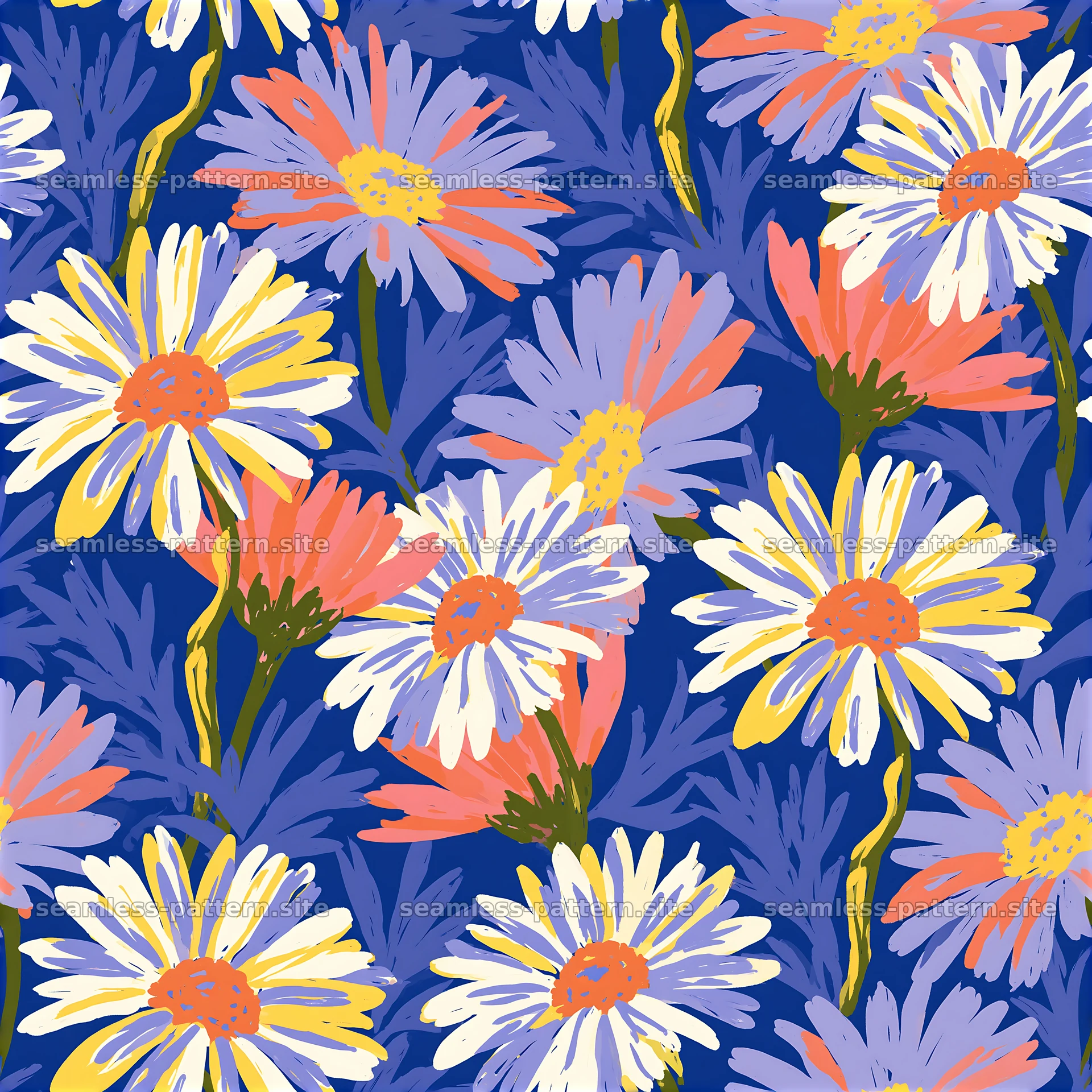 Floral daisy pattern on deep blue background — seamless tileable pattern at 8192x8192