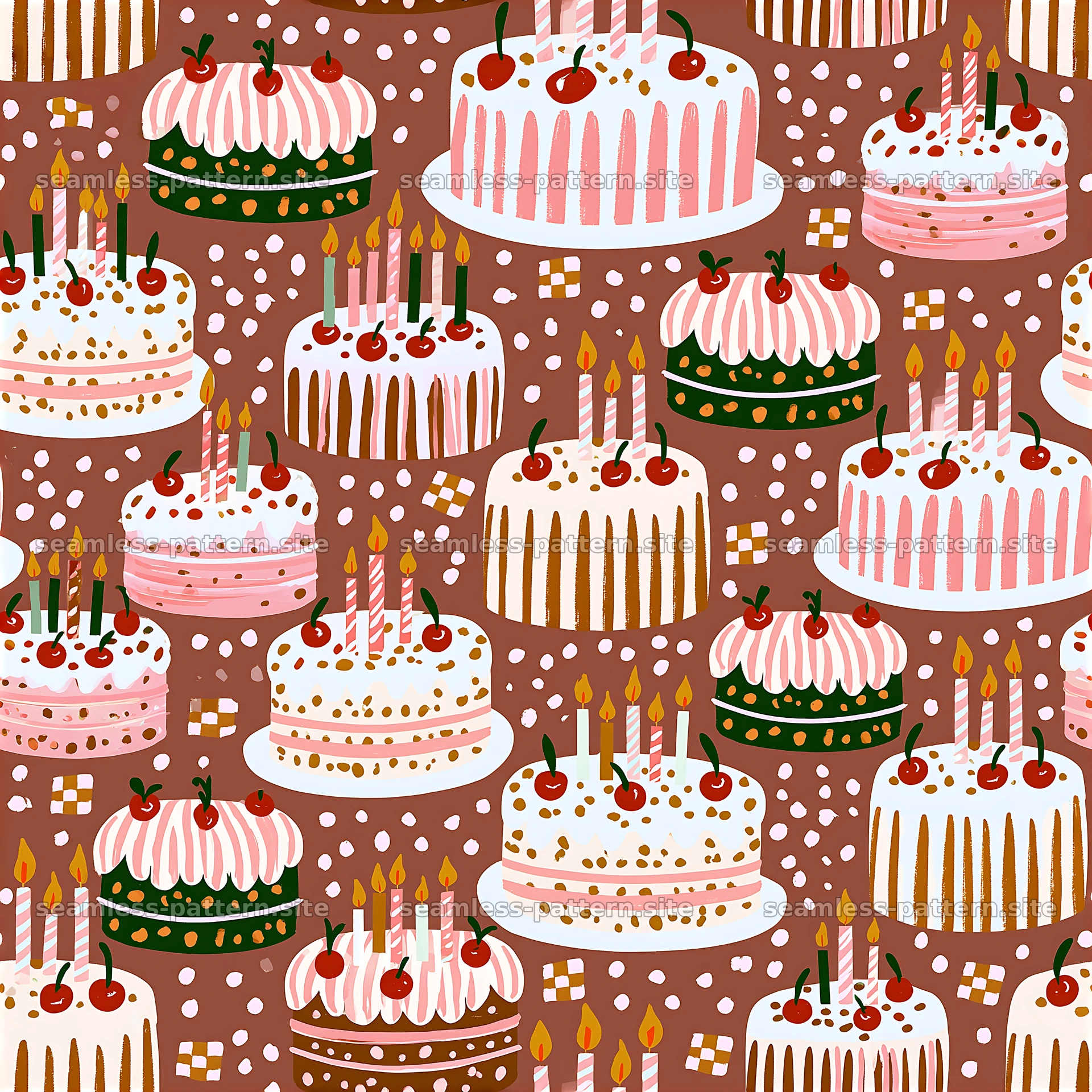 Birthday Cake Repeat Pattern with Candles and Cherries — seamless tileable pattern at 8192x8192