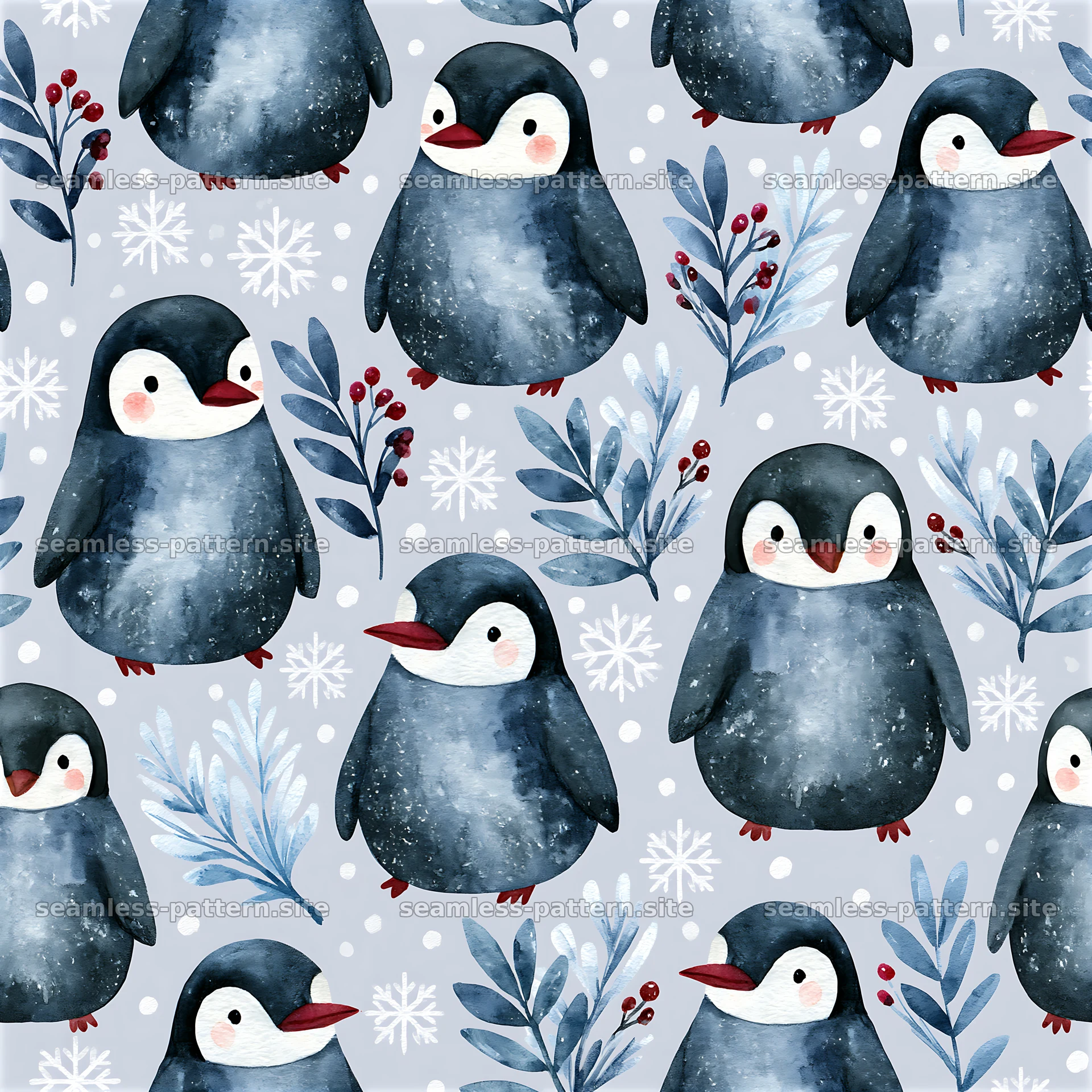 Seamless watercolor animal pattern with playful penguins and greenery — seamless tileable pattern at 8192x8192