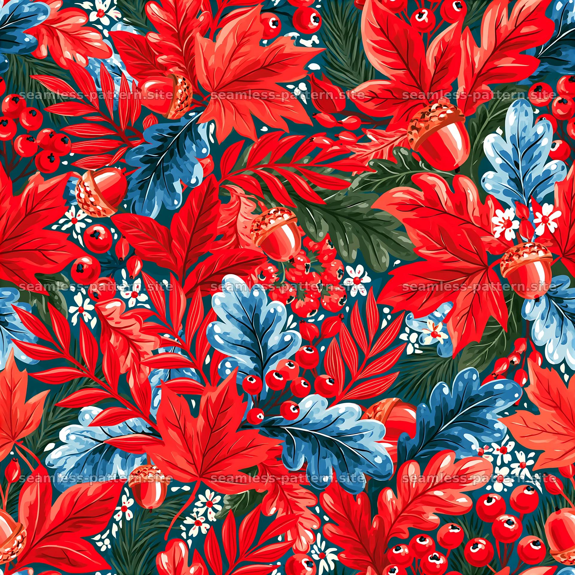 Seamless design of colorful botanical leaves with red and blue — seamless tileable pattern at 8192x8192
