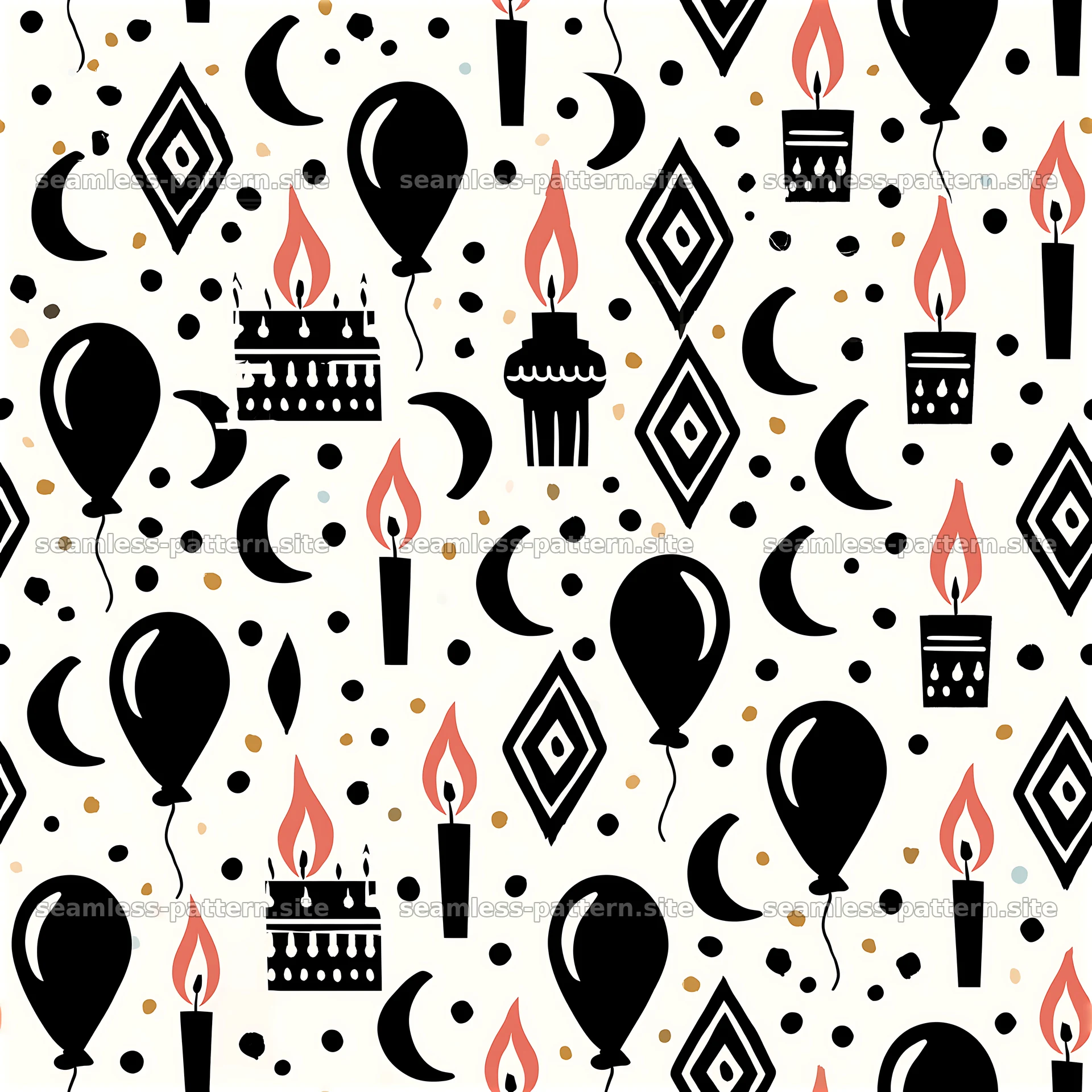 Colorful pattern with balloons, candles, and birthday cakes — seamless tileable pattern at 8192x8192