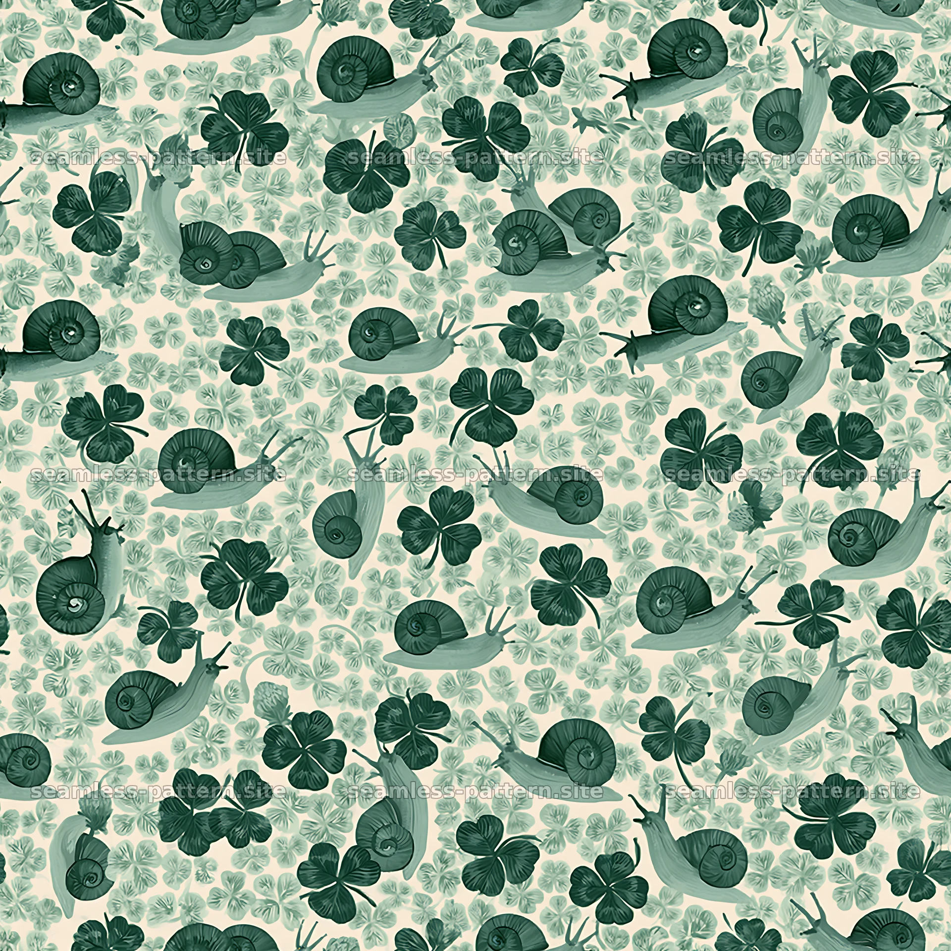 Seamless pattern of snails and clover leaves for fabric and wallpaper — seamless tileable pattern
